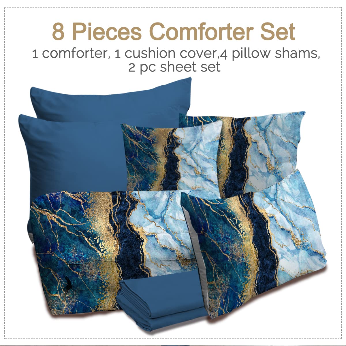 BlessLiving Luxury Queen Size Comforter Set - Navy Blue Gold Glitter 8-Piece Bedding Set with Ultra Soft Abstract Design, All-Season Durable Marble Print Bed in a Bag | Perfect for Modern Bedrooms, Guest Rooms & Dorm Decor