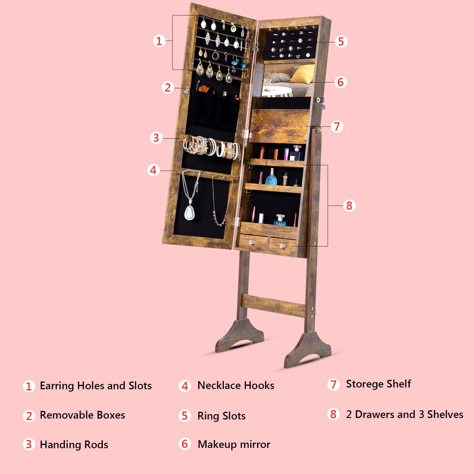 Goujxcy 6 LED Jewelry Organizer Cabinet with Full-Length Mirror - Large Lockable Wooden Jewelry Armoire with Storage - Perfect for Bedroom, Closet & Dressing Room (Grey)