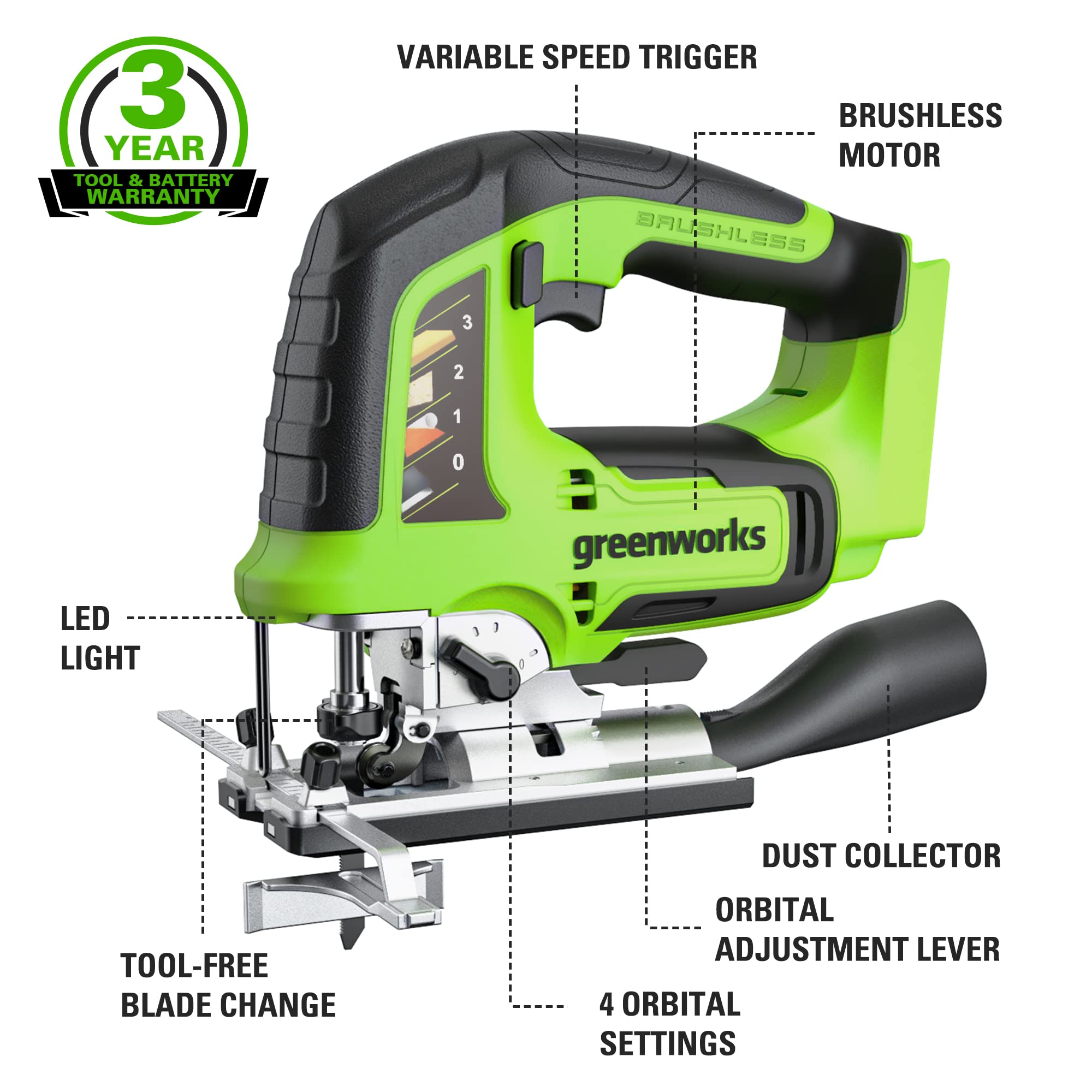 Greenworks 24V Brushless Cordless Jig Saw with 4.0Ah Battery & Charger - 1