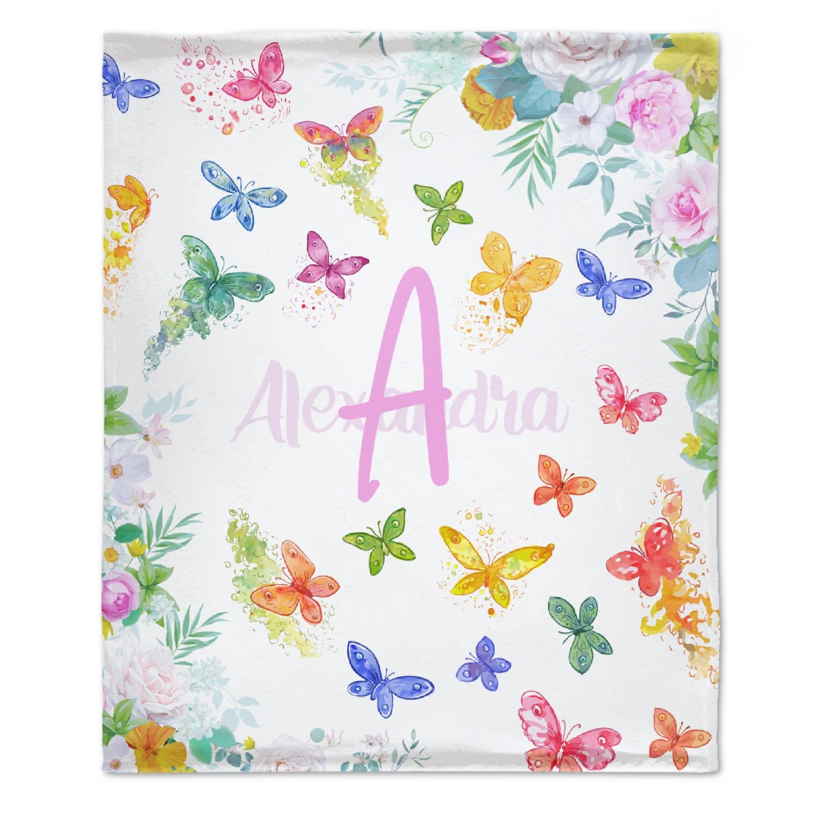 Personalized Baby Blanket with Name - Custom Fleece Flannel Blanket for Girls & Boys - Colorful Butterfly Design - XL 120