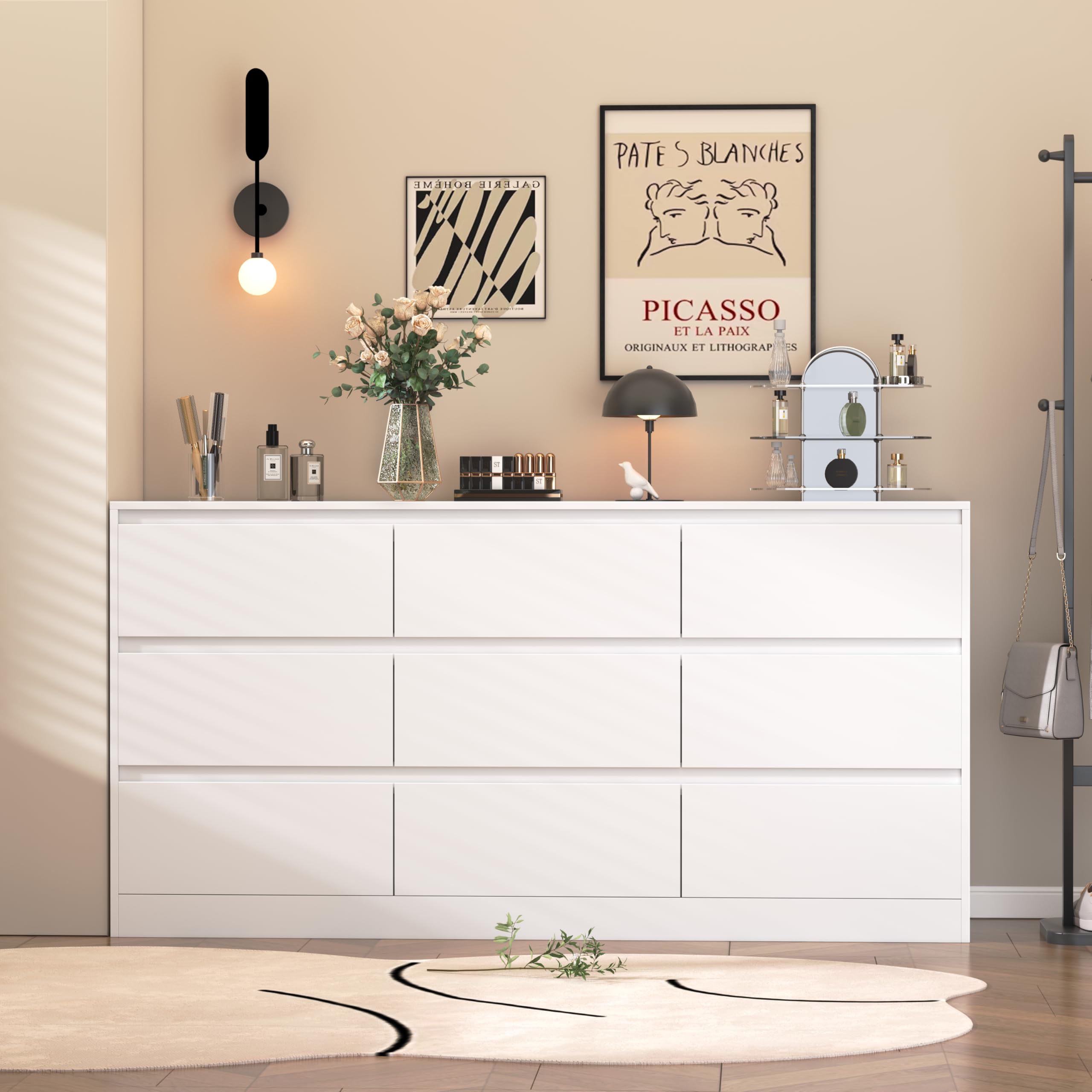 Large 9-Drawer Dresser for Bedroom - Wide White Dresser with Deep Storage Drawers - Perfect for Nursery, Living Room, Entryway & Hallway Organization