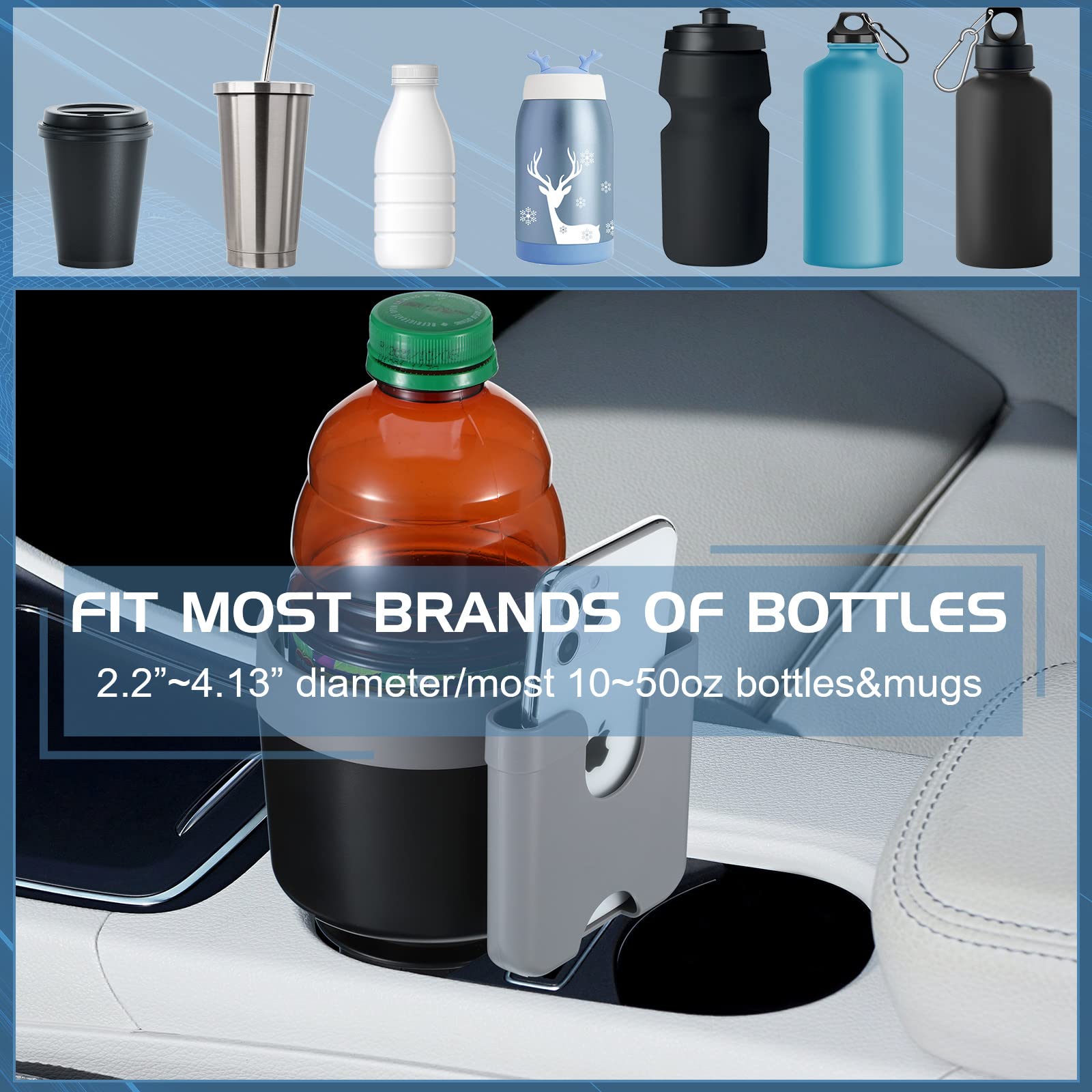 2-in-1 Multifunctional Car Cup Holder Expander with Phone Stand - Universal Car Accessories for Auto & Motorcycle (Gray/Black) - Perfect for Road Trips, Commuting & Travel Organization
