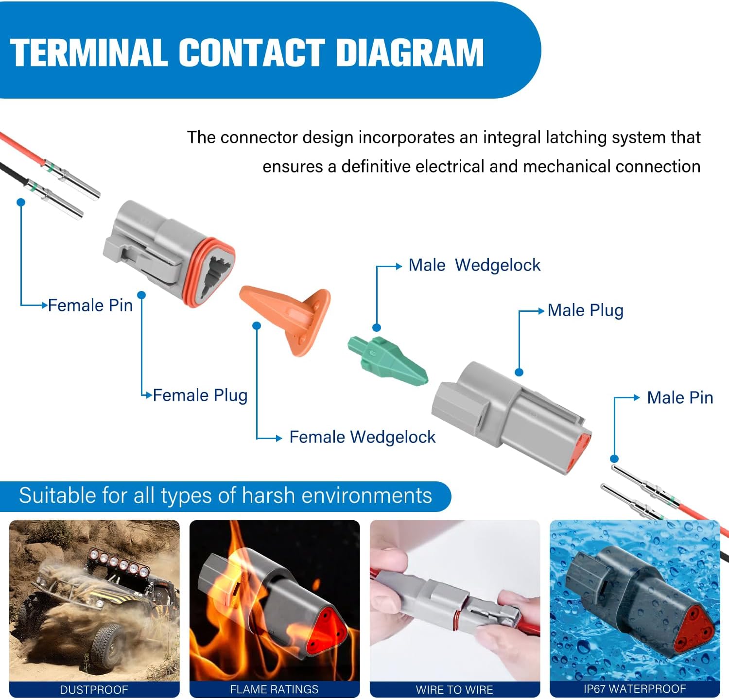 3 PIN DT Connector Kit - 3 Sets with Size 16 Solid Contacts, Waterproof Male & Female Terminals for 14-20 AWG DT Series Connectors - Perfect for Automotive, Marine, and Outdoor Electrical Wiring Applications