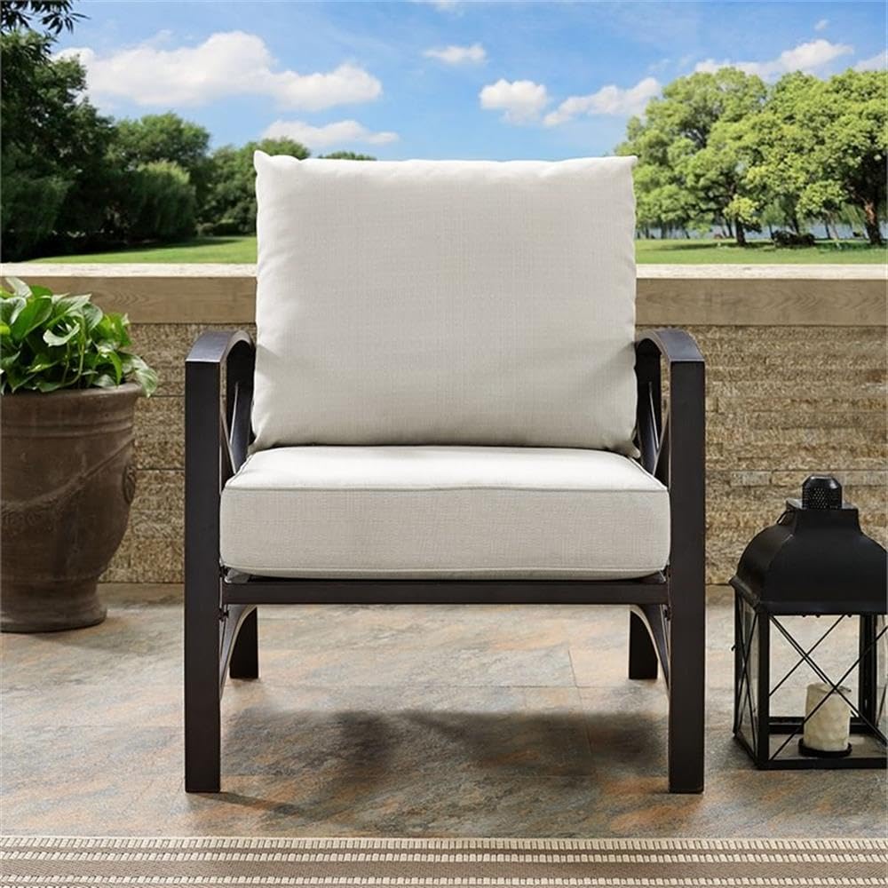 Oil Rubbed Bronze Metal and Oatmeal Fabric Patio Arm Chair - Outdoor Lounge Seating for Garden, Deck, and Poolside Relaxation