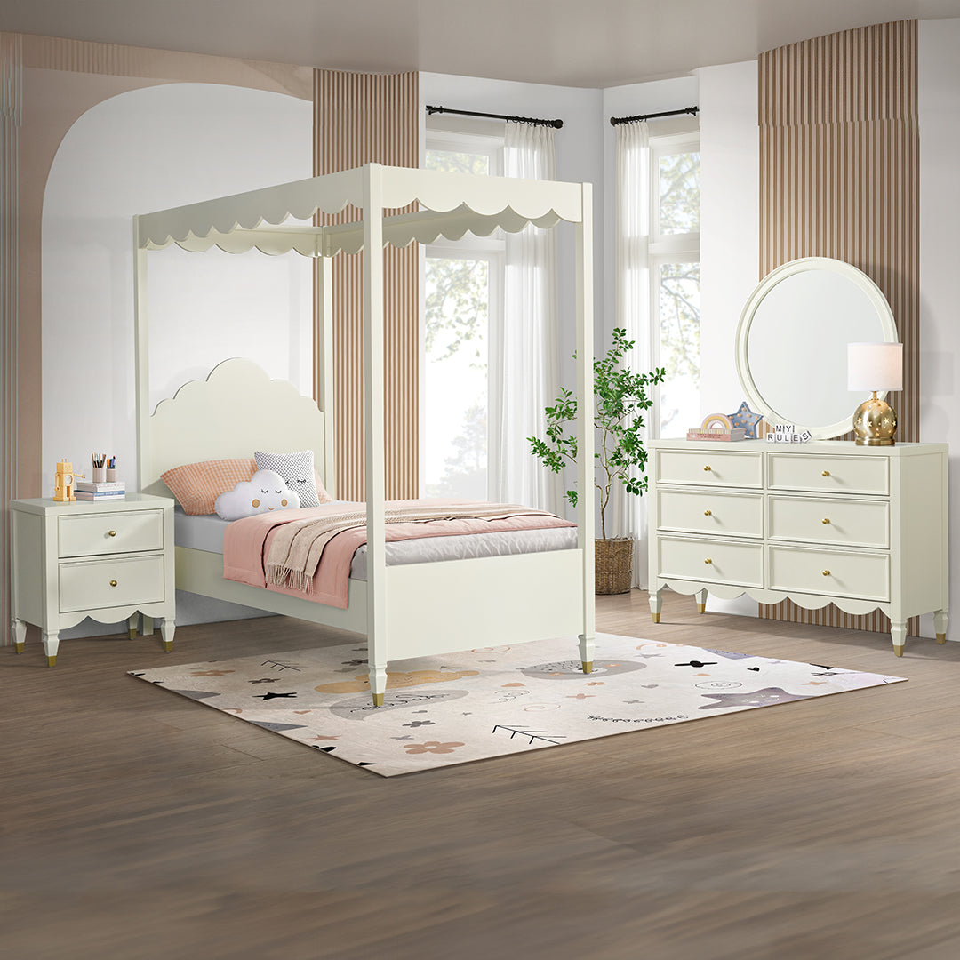Olivia Canopy Bed - Queen Size White Wooden Four Poster Bed Frame with Curtains for Romantic Bedroom Decor, Perfect for Master Bedrooms, Guest Rooms & Cozy Retreats