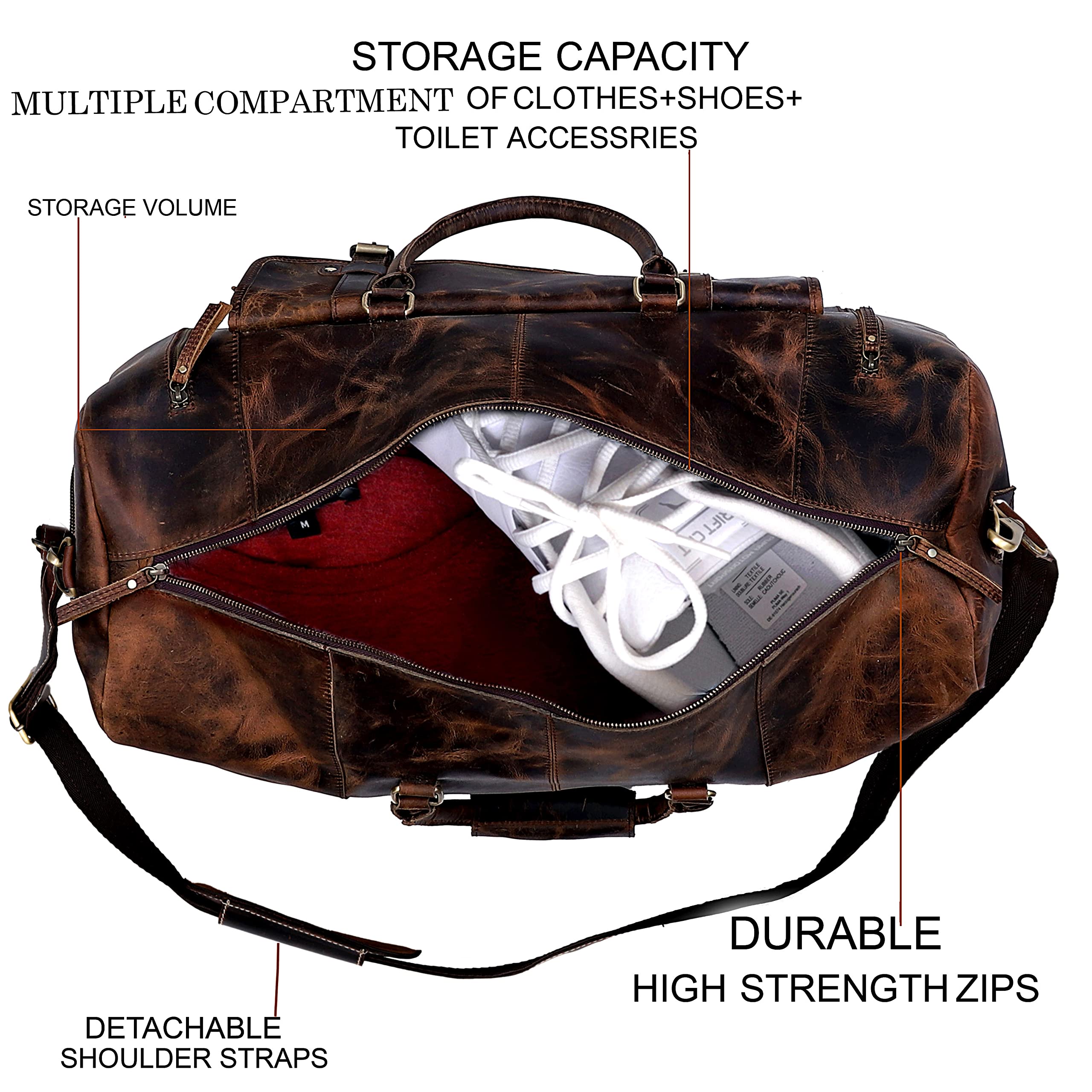 Premium Men's Leather Duffle Bag - Waterproof Travel Gym Duffel for Sports, Overnight & Weekend Trips - Carry On Luggage for Business, Workout & Cabin Getaways
