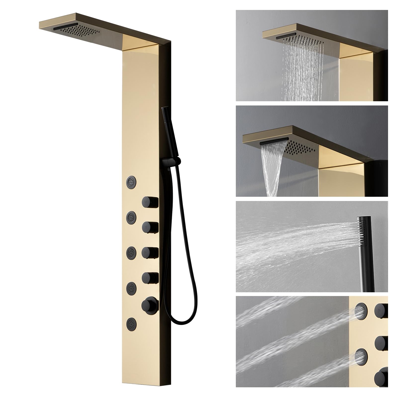 Homevacious Luxury Shower Panel Tower System - Rainfall Shower Head, 5 Body Jets & Handheld Shower | Modern Massage Shower System in Polished Gold & Black | Perfect for Spa-Like Bathroom Renovation & Relaxing Shower Experience