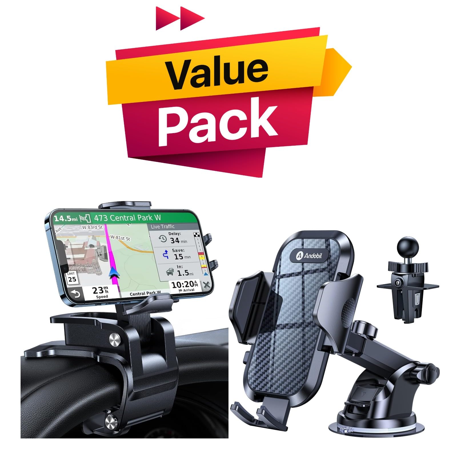 Andobil 3-in-1 Universal Car Phone Holder Clip - Adjustable Dashboard & Air Vent Mount for iPhone, Samsung & Smartphones - Perfect for Driving, GPS Navigation & Hands-Free Calls