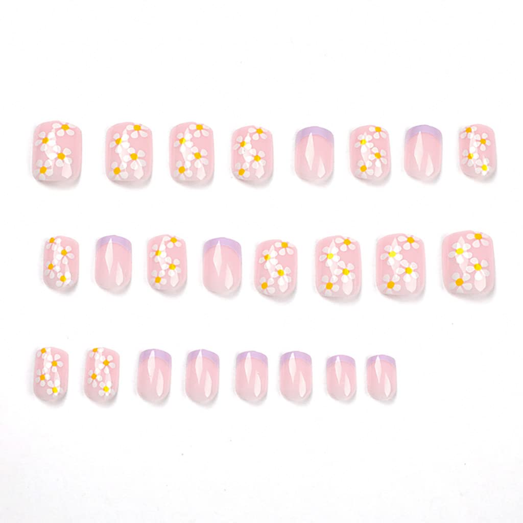 RikView French Press on Nails - Short Fake Nails with Purple Flower Design, Square Acrylic Nails for Women | Perfect for Parties, Weddings, and Daily Wear