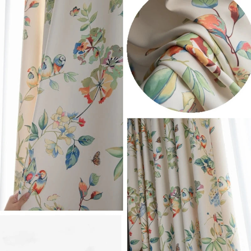 Keira Countryside Botanical Bird Print Custom Blackout Curtains for Bedroom & Living Room - Floral Bird Design for Privacy & Light Blocking