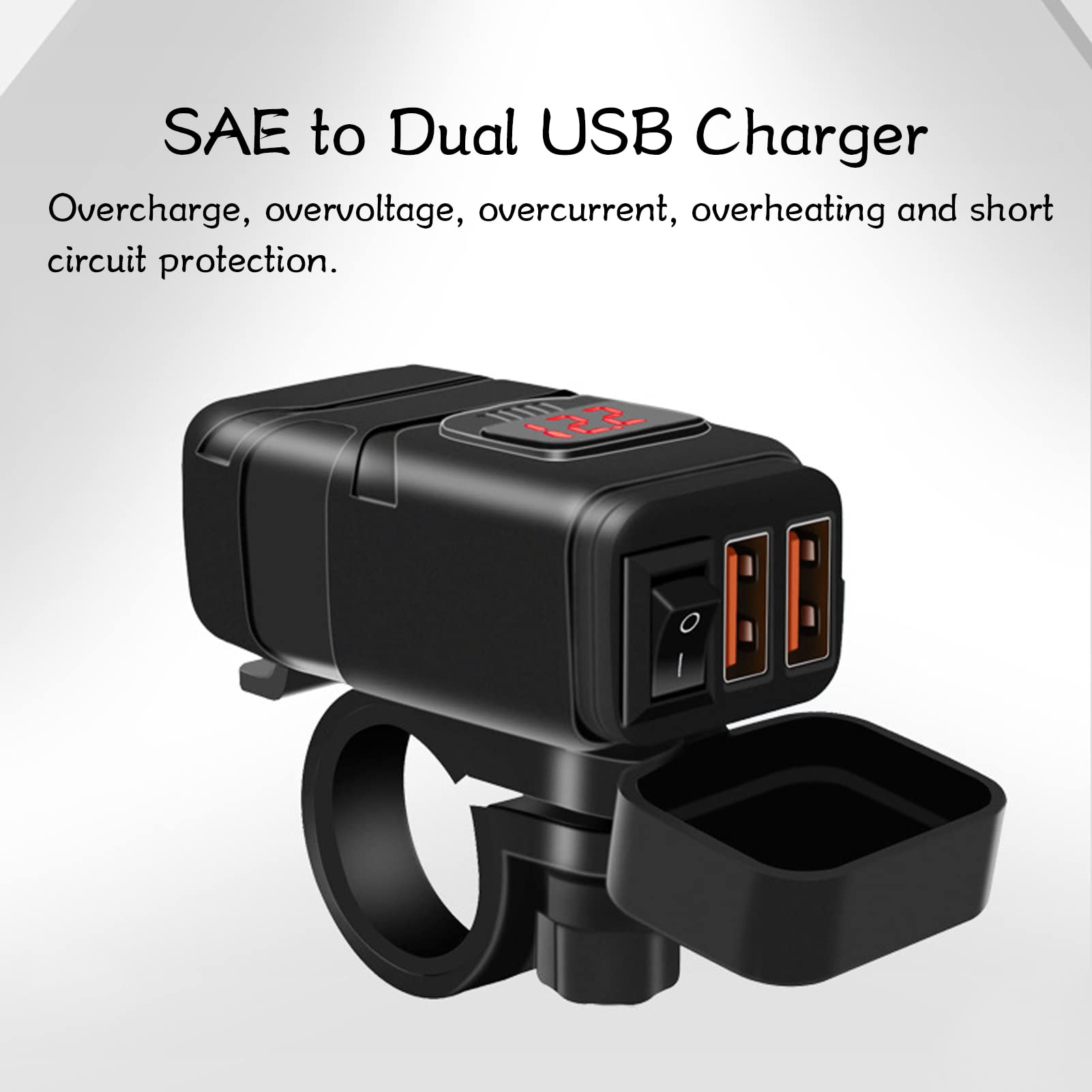 Motorcycle Dual USB SAE to USB Adapter with Cover Switch - Fast Charging & Built-in Voltmeter for Phone & Tablet - Perfect for Road Trips & Motorcycle Accessories
