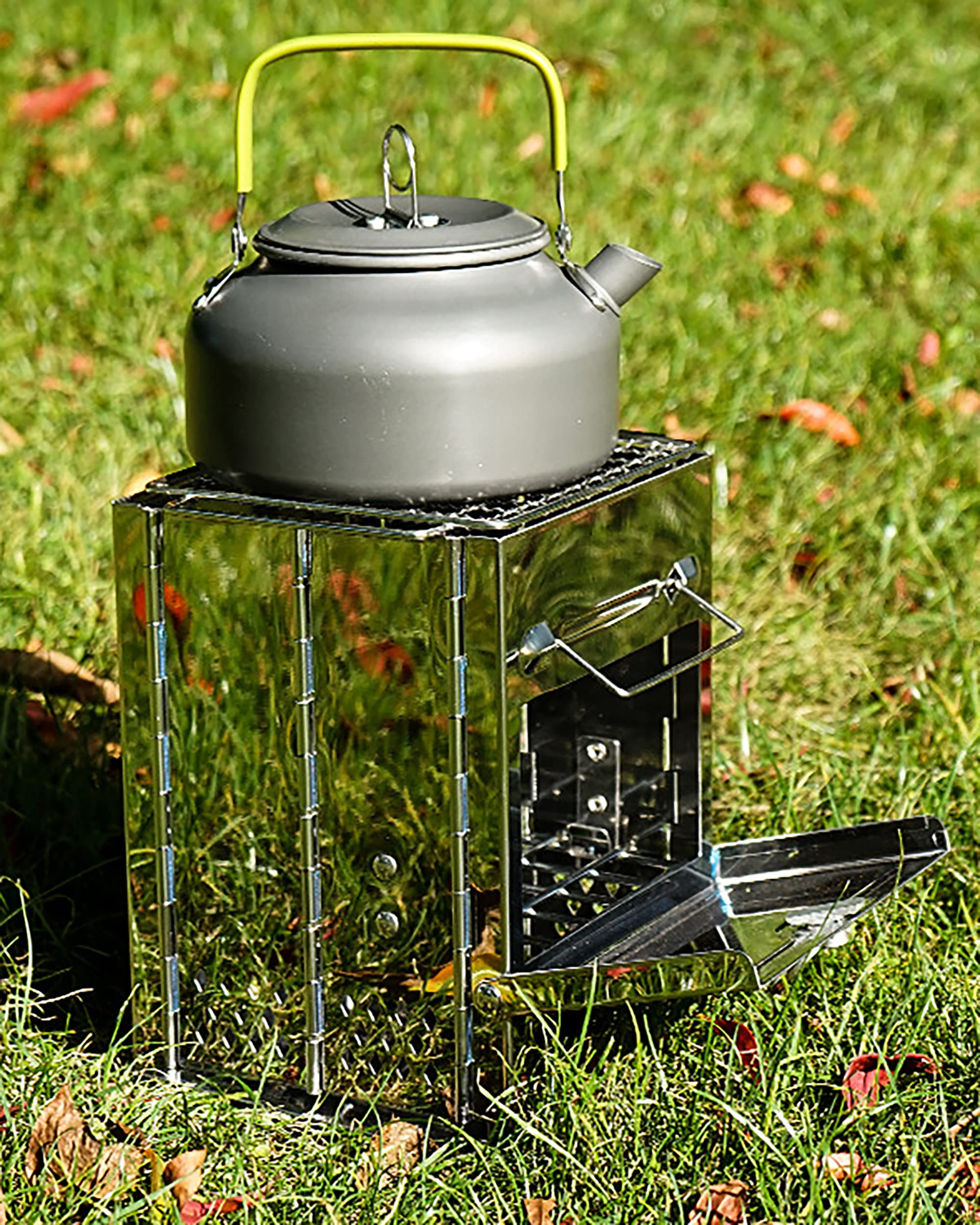 Portable Camping Wood Stove with Grill - Collapsible Stainless Steel Backpacking Burner, Lightweight Firebox with Handles for Outdoor Cooking | Perfect for Hiking, Hunting, Fishing & Survival Gear