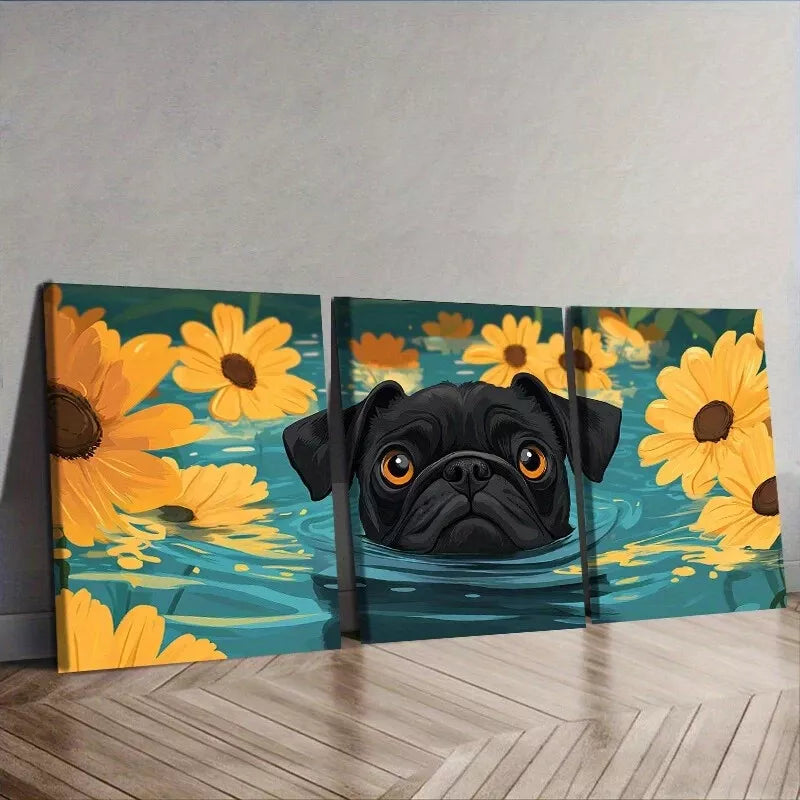 3-Piece Cute Pug Swimming in Water Nature Wall Art Set - Framed Canvas 40x60cm (16x24in) | High Quality Print | 100% Australian Made | Ready to Hang | Perfect for Living Room, Bedroom & Office Decor