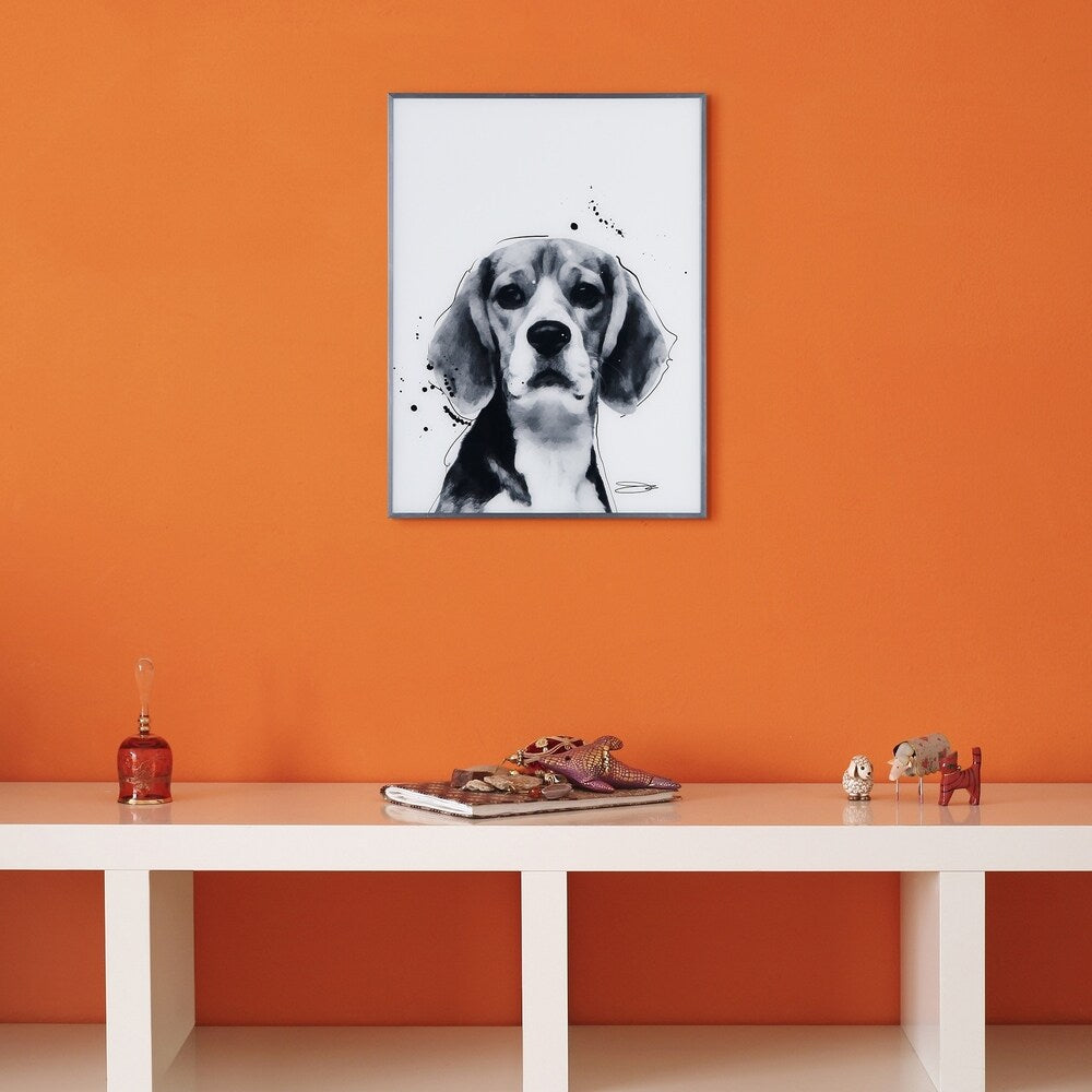Beagle Black & White Dog Wall Art - Reverse Printed Glass with Gunmetal Frame | Modern Home Decor for Living Room, Bedroom & Office