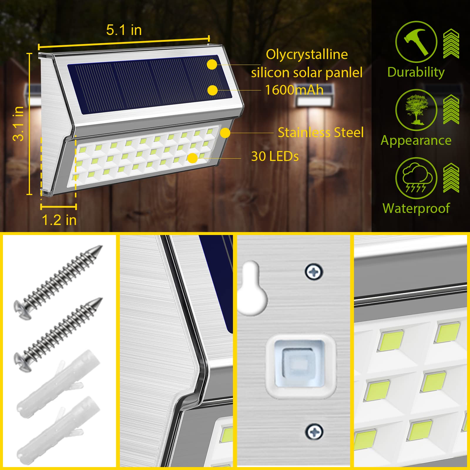 ROSHWEY 4 Pack Solar Step Lights Outdoor - 30 LED Waterproof Stainless Steel Stair Lights for Garden, Patio, Yard, Porch, Walkway - Cool White Light | Perfect for Nighttime Safety & Landscape Decoration