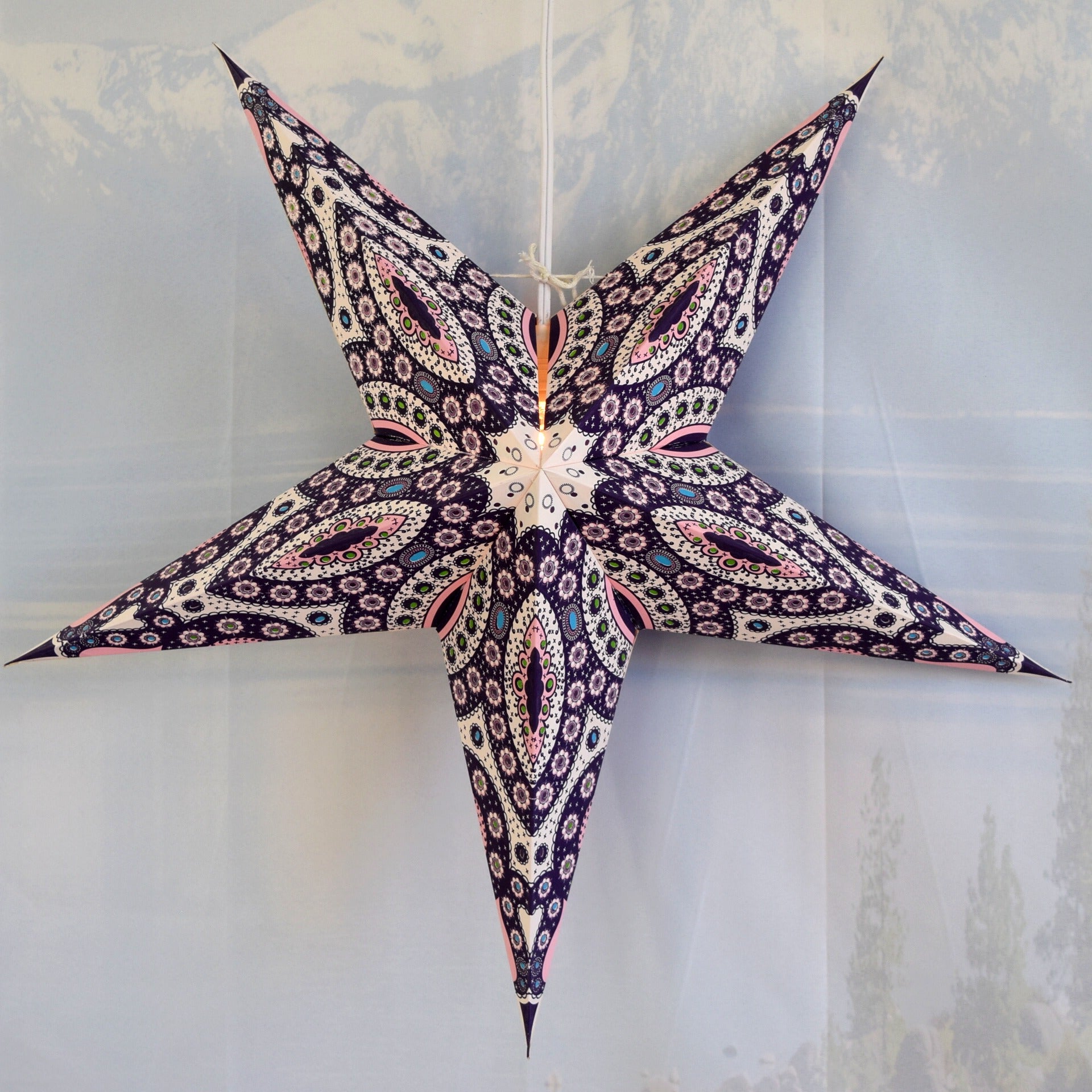 24 Inch Pink Purple Paper Star Lantern with Pendant Light - DIY Hanging Decoration for Bedroom, Nursery, Wedding & Party Decor