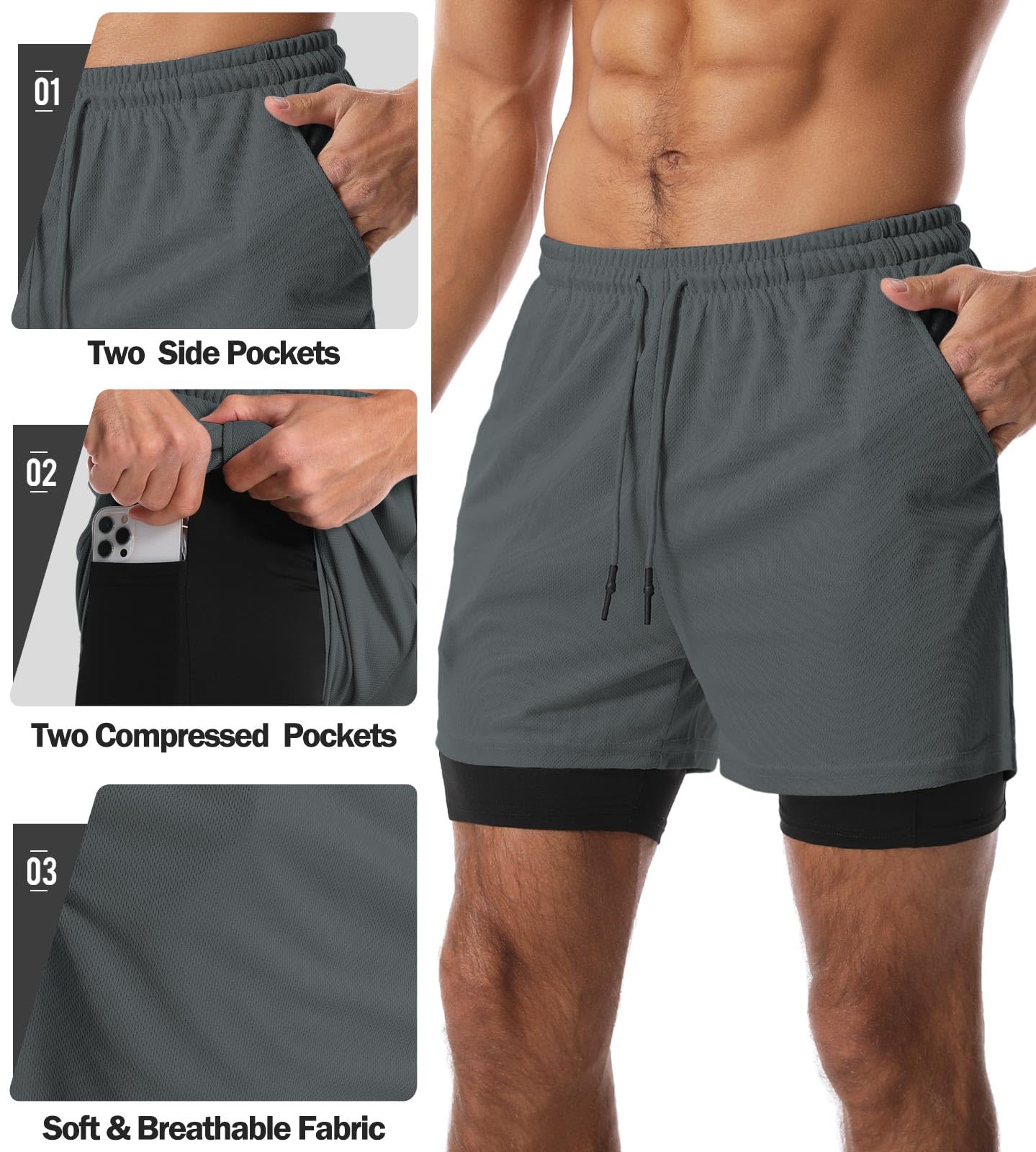 Aolesy Men's 2-in-1 Quick Dry Running Shorts 5