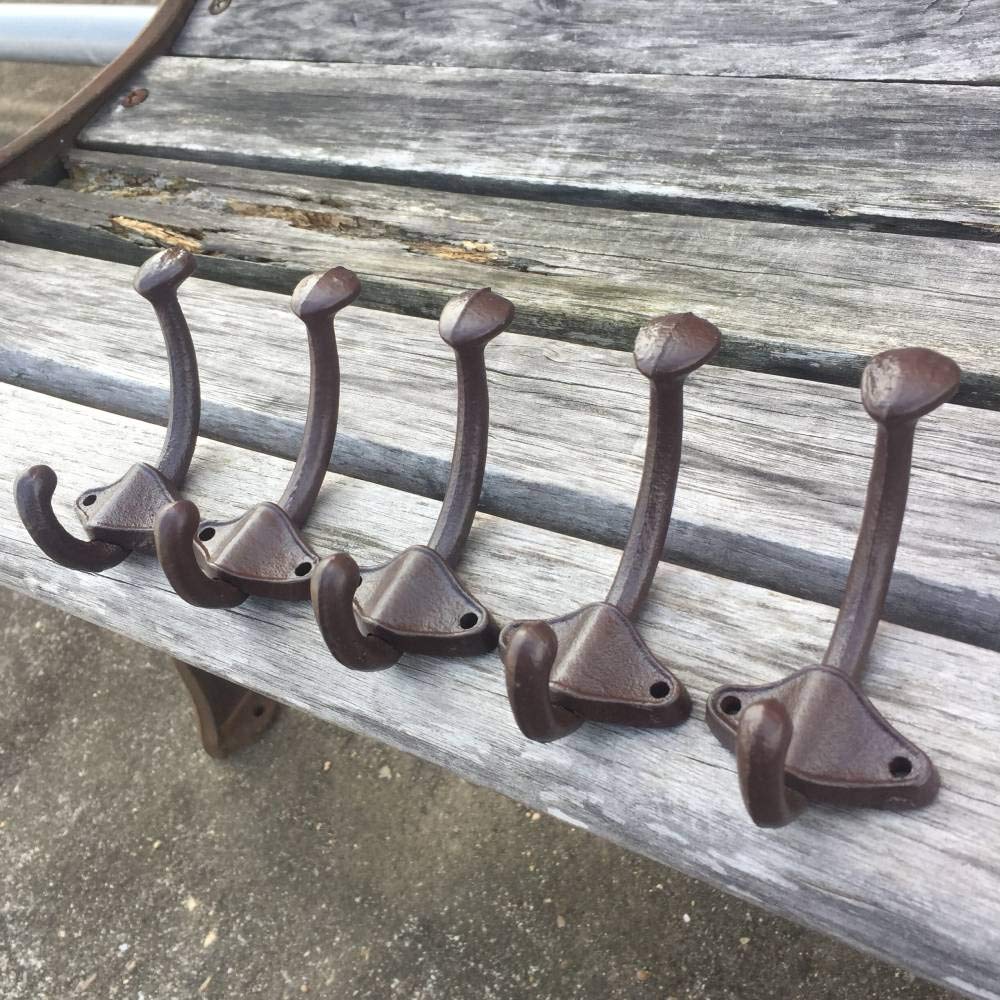 Vintage Cast Iron Wall Hooks - Heavy Duty Wall Mounted Utility Hooks for Coats, Hats & Bags - Rustic Brown Hall Tree Hooks Set of 5 - Perfect for Entryway, Mudroom & Farmhouse Decor