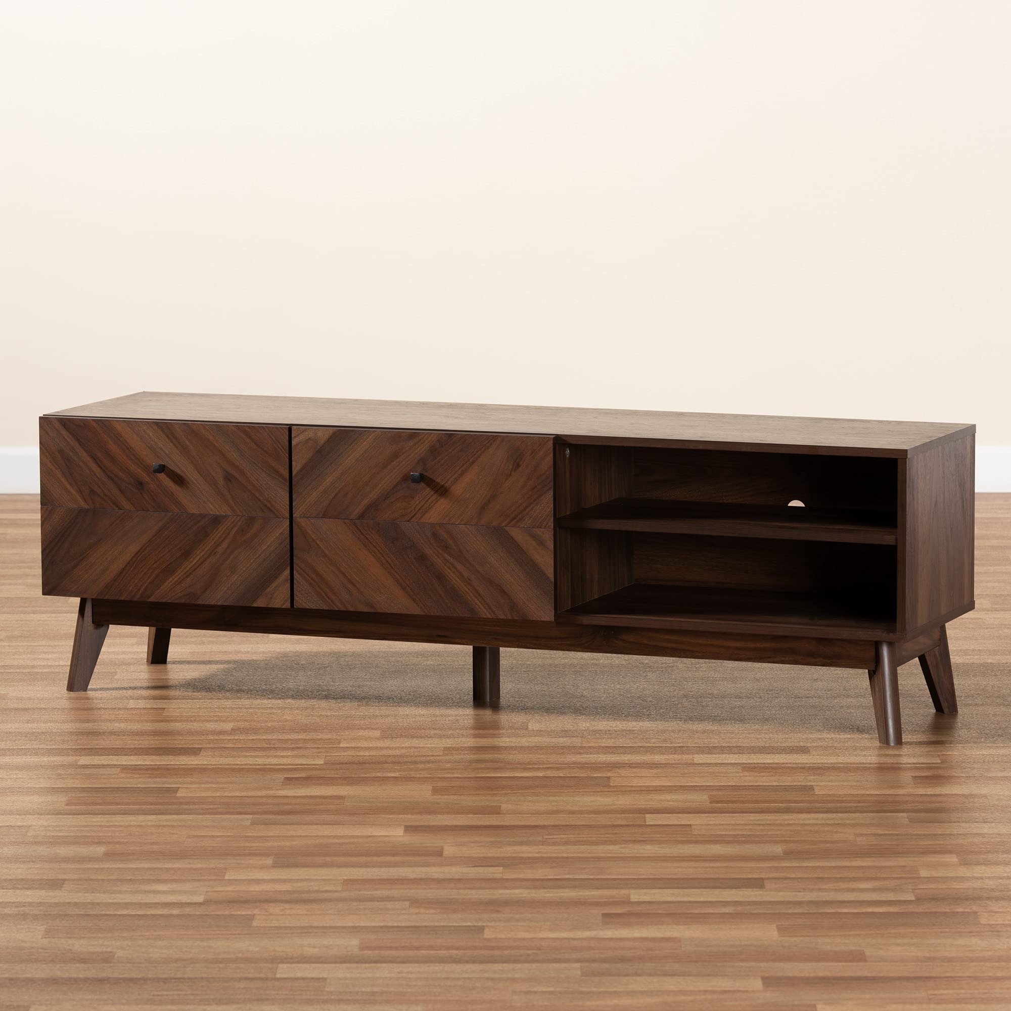 Baxton Studio Hartman Mid-Century Modern TV Stand - Walnut Brown Wood Media Console with Storage Shelves for Living Room, Bedroom & Home Theater