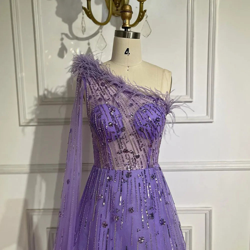 Serene Hill Lilac A-Line One Shoulder Cape Sleeve Beaded Feather Evening Gown for Women - Elegant Wedding Party Dress for Prom, Gala & Formal Events LA72503A