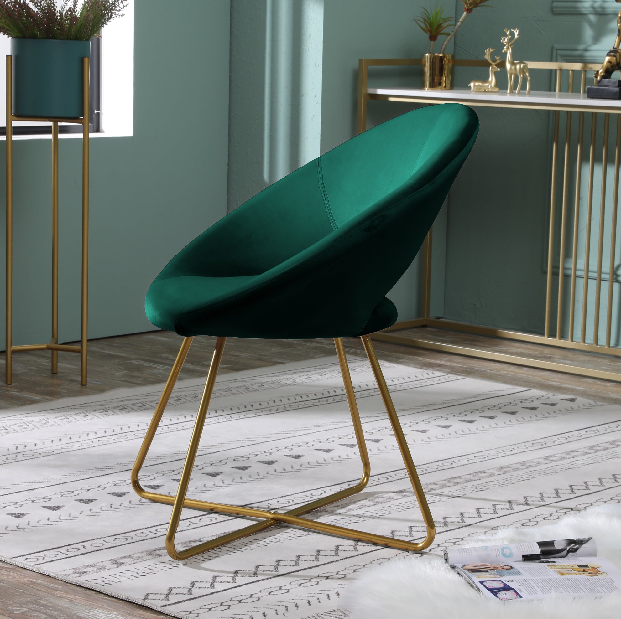 Roundhill Furniture Slatina Silky Velvet Upholstered Accent Chair - Green Velvet with Gold Tone Metal Base - Modern Living Room, Bedroom, or Office Seating