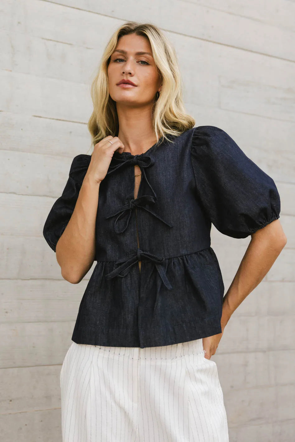 Stylish Natalia Peplum Tie Blouse in Dark Wash - Women's Fashion Top for Work & Evening Out | FINAL SALE