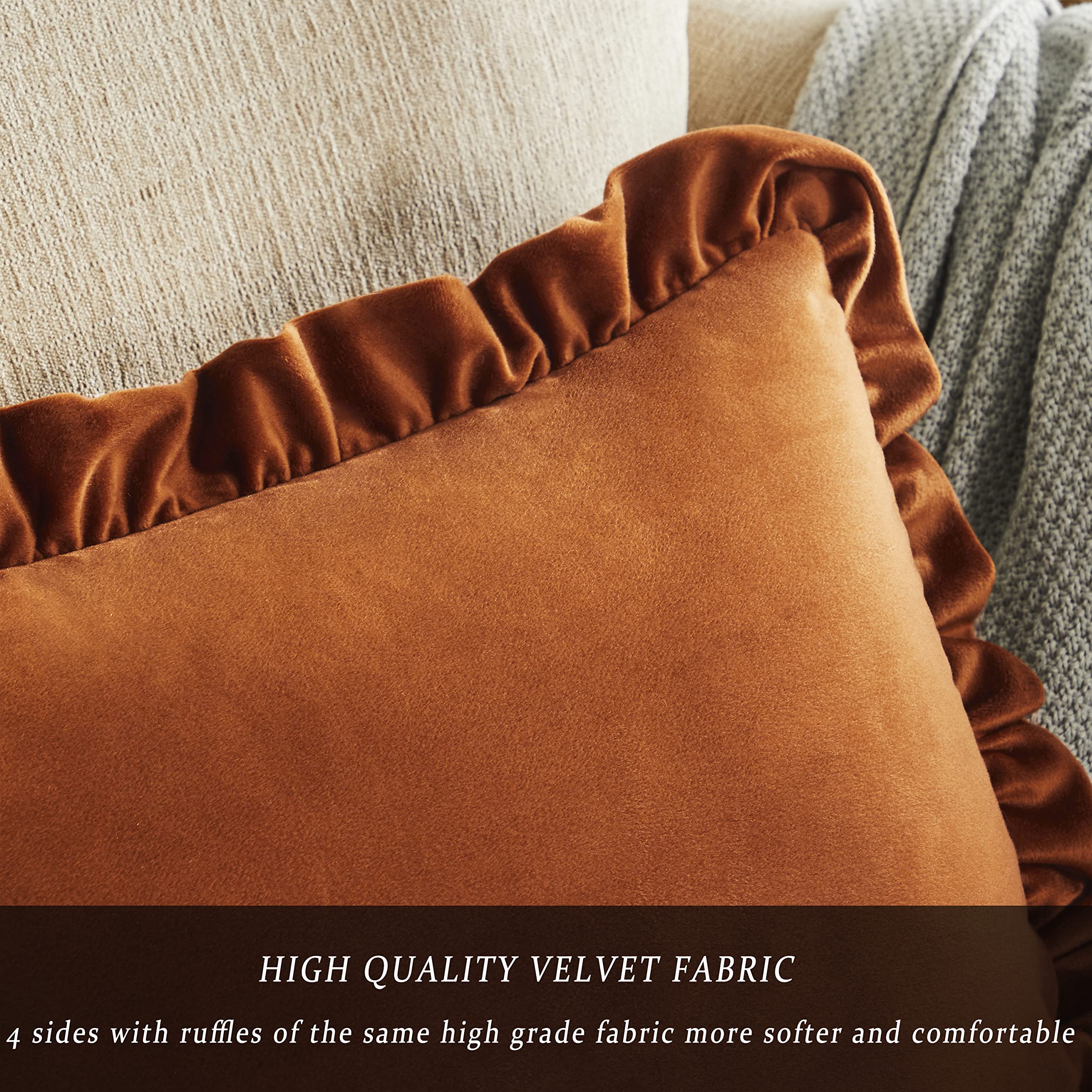 GIGIZAZA Burnt Orange Velvet Ruffle Decorative Throw Pillow Covers 18x18 Inch - Set of 2 for Sofa, Couch, Bedroom & Living Room - Soft Luxury Home Decor Accent Pillows