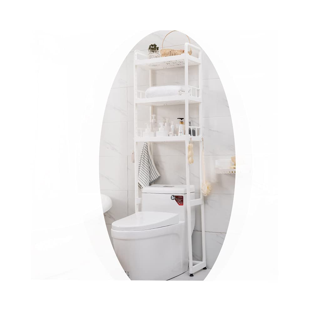 3-Tier Over The Toilet Bathroom Organizer with Hooks - Freestanding Space Saving Shelf for Plants, Laundry & Bath Essentials - Perfect for Small Bathrooms, Balcony & Apartment Storage