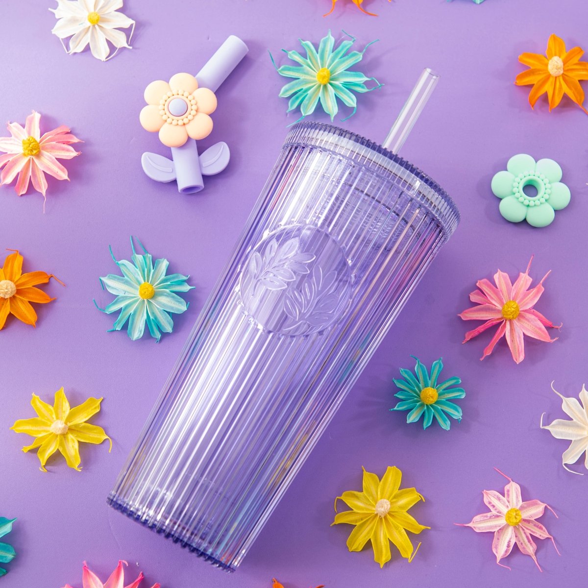 26oz Insulated Tumbler with Straw & Leak-Proof Lid - Cute Flower Silicone Straw Tips in Botanica Purple | Perfect for Iced Coffee, Smoothies & Outdoor Activities