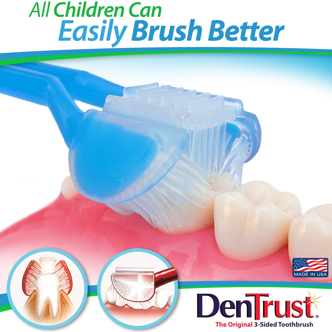4-Pack Triple Clean 3-Sided Toothbrush for Kids & Adults | Made in USA | Gentle Cleaning for Teeth, Gums & Braces | Perfect for Children, Autism, Special Needs & Orthodontic Care | Ideal for Daily Oral Hygiene at Home & Travel