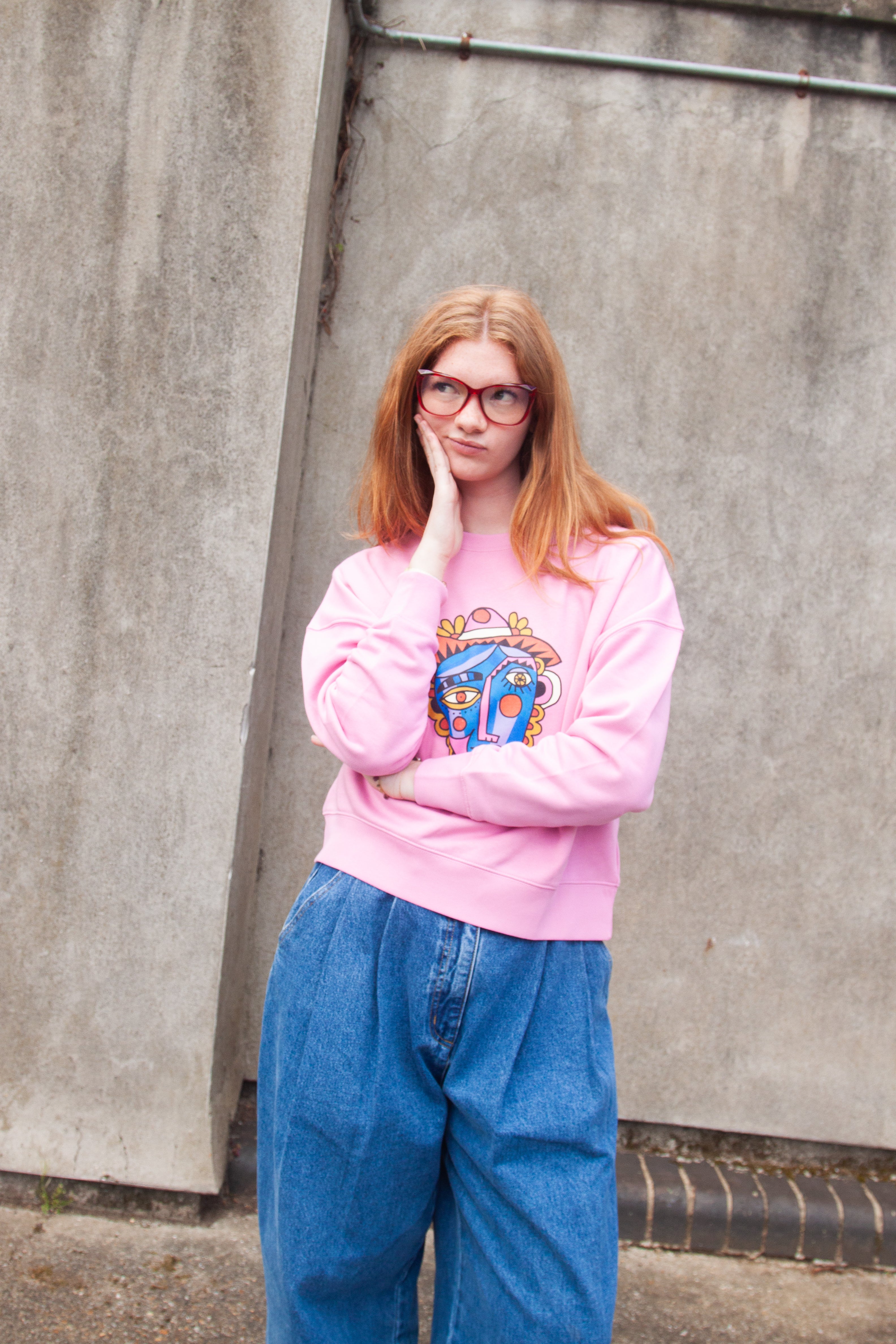 Miss Pompom Pink Picasso Sweatshirt - Women's Cute Fluffy Pullover Sweater for Casual Wear, Street Style & Instagram Outfits
