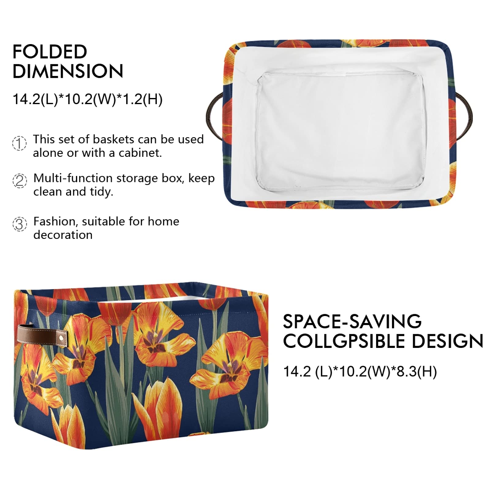 Susiyo Orange Tulips Storage Bins 2-Pack - 14x10 Inch Canvas Storage Baskets for Shelves & Closet Organization | Home Decor, Nursery, Laundry Room Storage Solutions