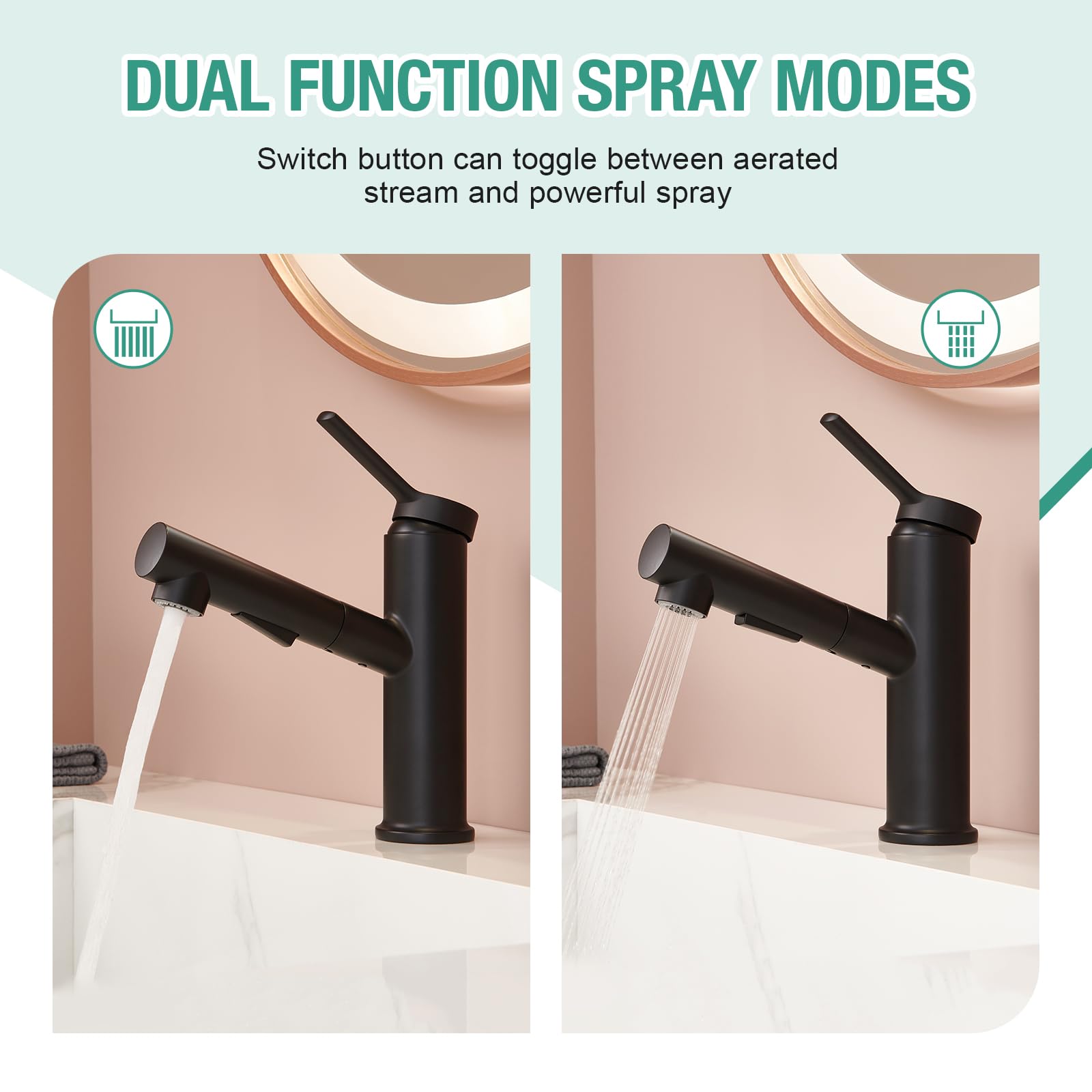 Black Single Handle Bathroom Faucet with Pull Out Sprayer - 1 Hole Basin Mixer Tap with 2 Modes Rotating Spout - Perfect for RV, Bar, Laundry Room & Utility Sink - Includes Sprayer and Pop Up Drain - Modern Water-Saving Design for Home & Commercial Use
