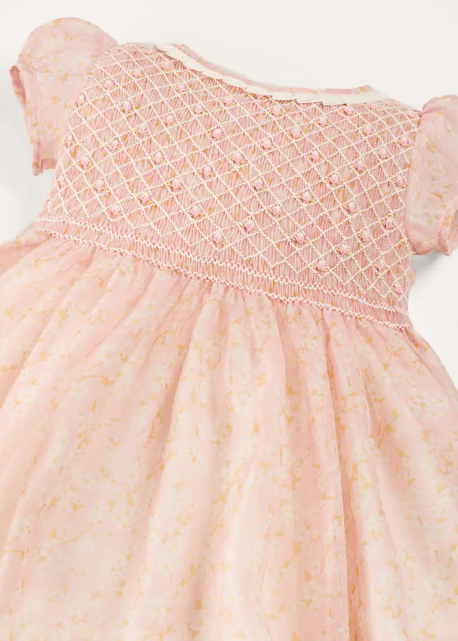 Constance Floral Hand Smocked Short Sleeve Party Dress for Girls in Pink - Sizes 12 Months to 10 Years | Perfect for Birthday Parties, Easter, Christmas & Special Occasions