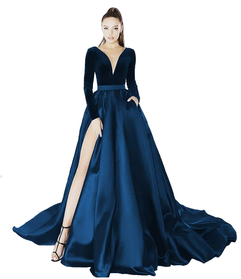 IVYPRECIOUS Women's Velvet V-Neck A-Line Prom Dress Long Sleeve Evening Gown with High Slit - Elegant Formal Party Dress for Homecoming, Banquet & Special Occasions