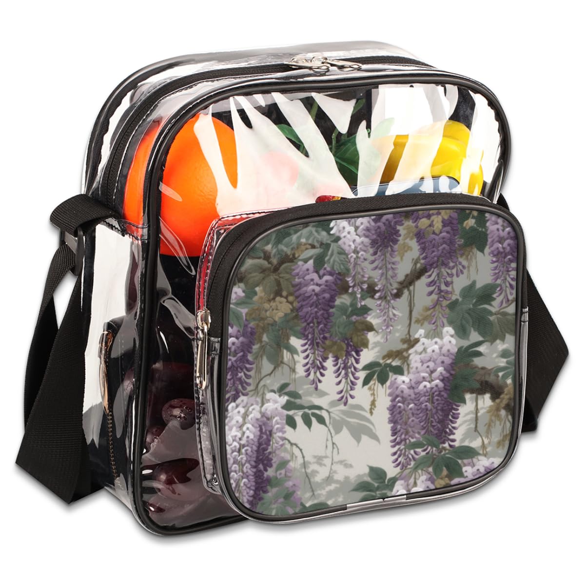 Purple Vine Flower Clear Crossbody Purse - Stadium Approved Transparent Bag for Concerts & Sports Events - Trendy Clear Purse for Women & Men - Perfect for Music Festivals, Stadium Games & Night Out