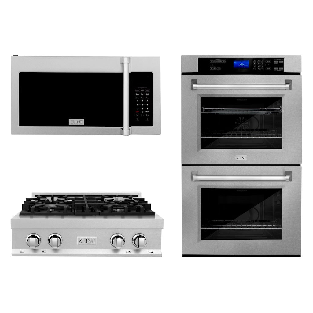 ZLINE 30-inch Satin Stainless Steel Rangetop with Over-the-Range Microwave & Double Wall Oven - Complete Kitchen Package for Modern Homes | Perfect for Cooking, Baking & Meal Prep