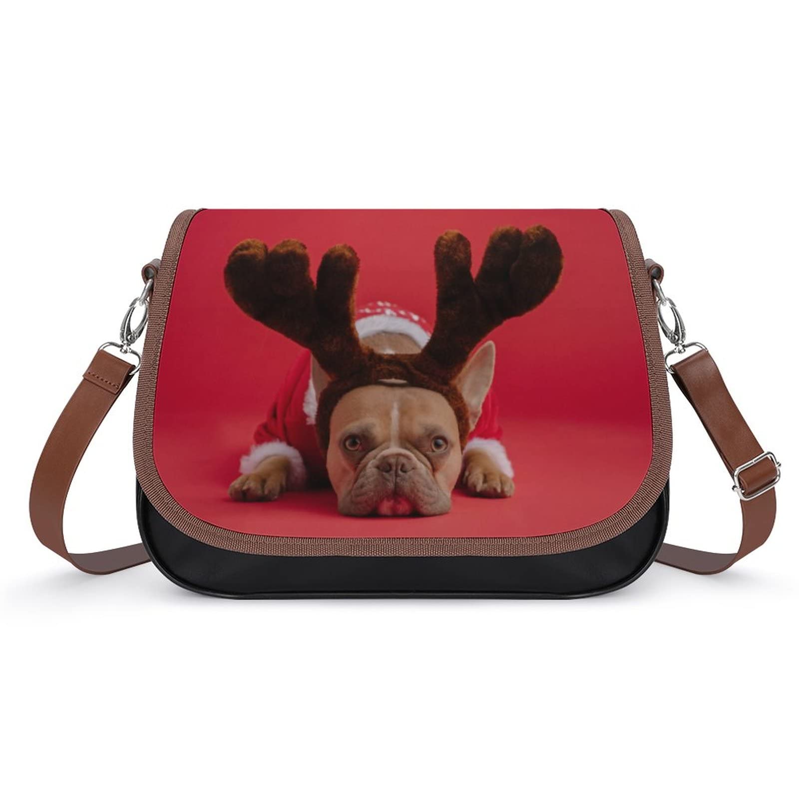 Vintage Leather Crossbody Bag for Women - Medium Printed Shoulder Purse with Adjustable Strap, Christmas Dog Pattern in Red | Perfect for Daily Use, Travel, and Holiday Gifts