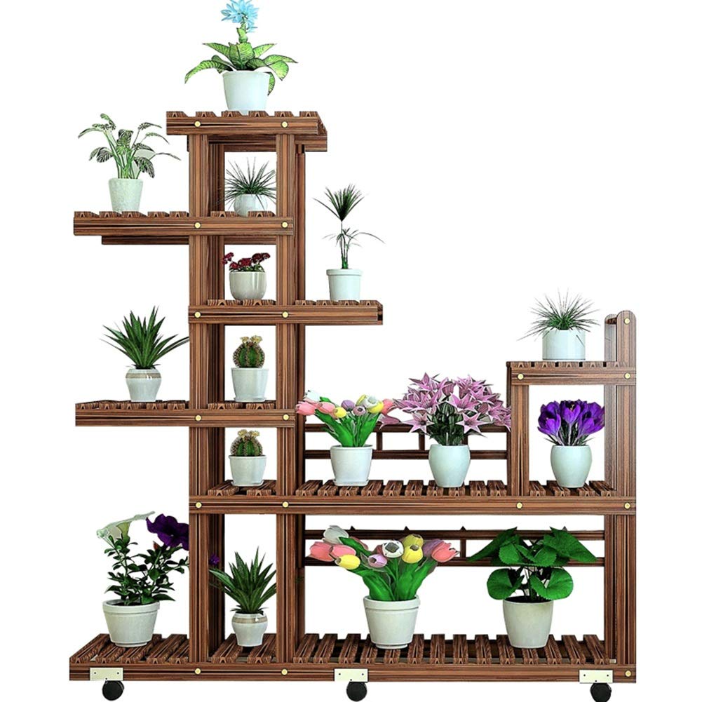 Antique Wooden Plant Stand with Wheels - Rustproof Multi-Tier Flower Pot Holder for Indoor & Outdoor Use - Country Style Floor Standing Shelf for Home Garden, Patio, and Balcony Decor (Color: with Casters)