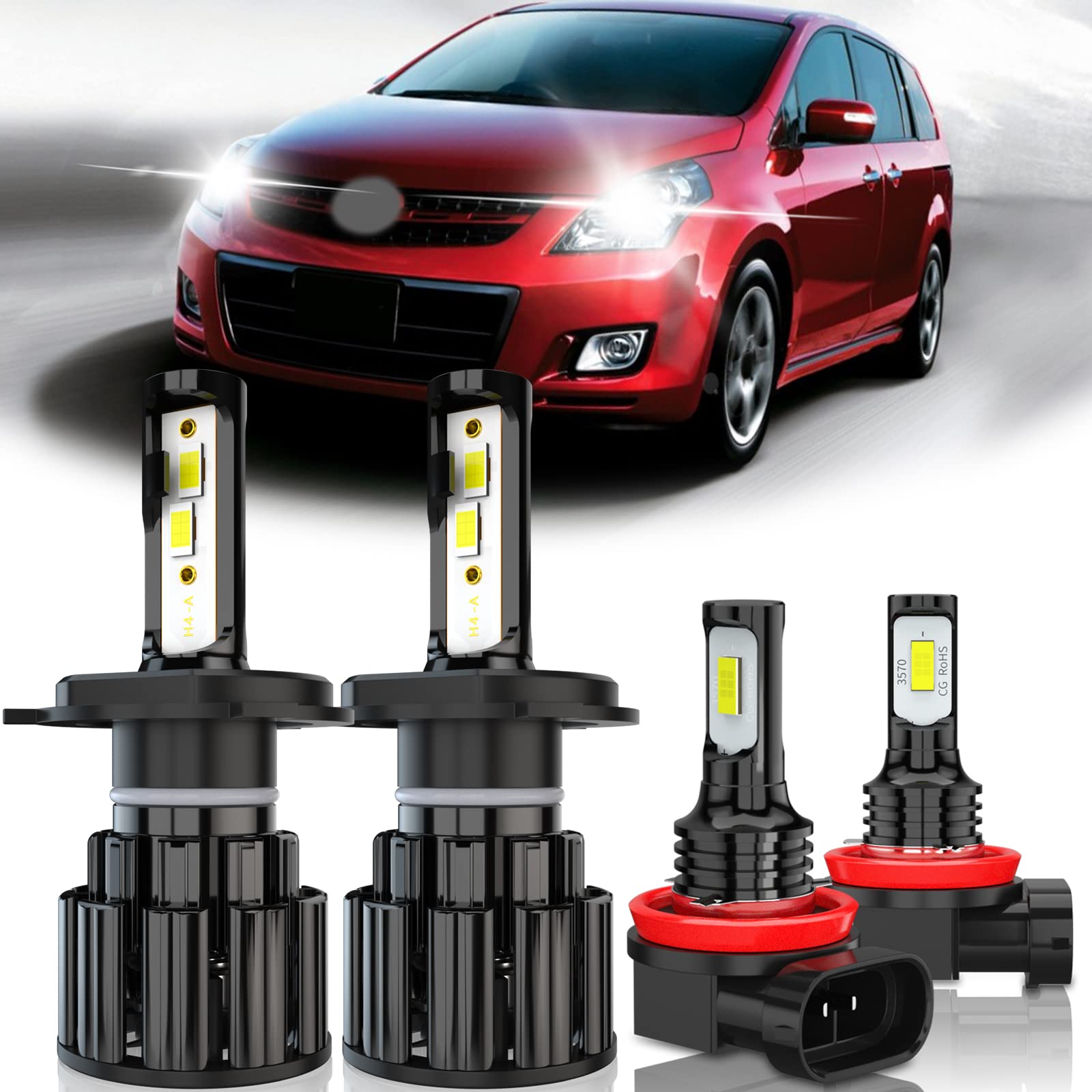 2004-2006 Mazda MPV LED Headlight Bulbs Kit - H4 High/Low Beam & H11 Fog Lights - 60W 10000LM 6000K Cool White Super Bright CSP LED Bulbs - Plug & Play (4 Pack) - Perfect for Night Driving & Foggy Conditions