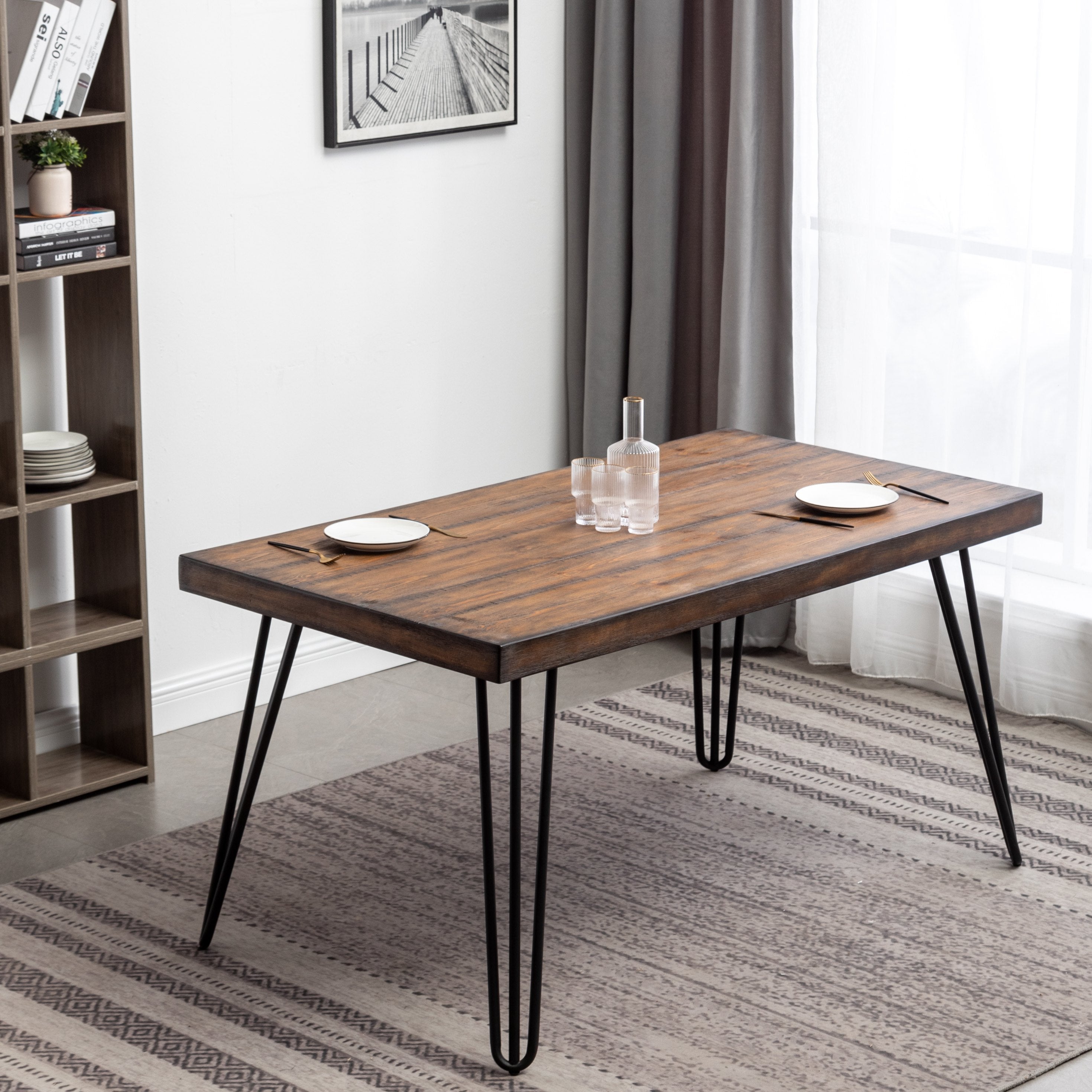 Roundhill Furniture Arroyo 6-Piece Dining Set - Hairpin Leg Dining Table with 4 Cross Back Chairs & Bench in Rich Black | Modern Kitchen & Dining Room Furniture for Small Spaces