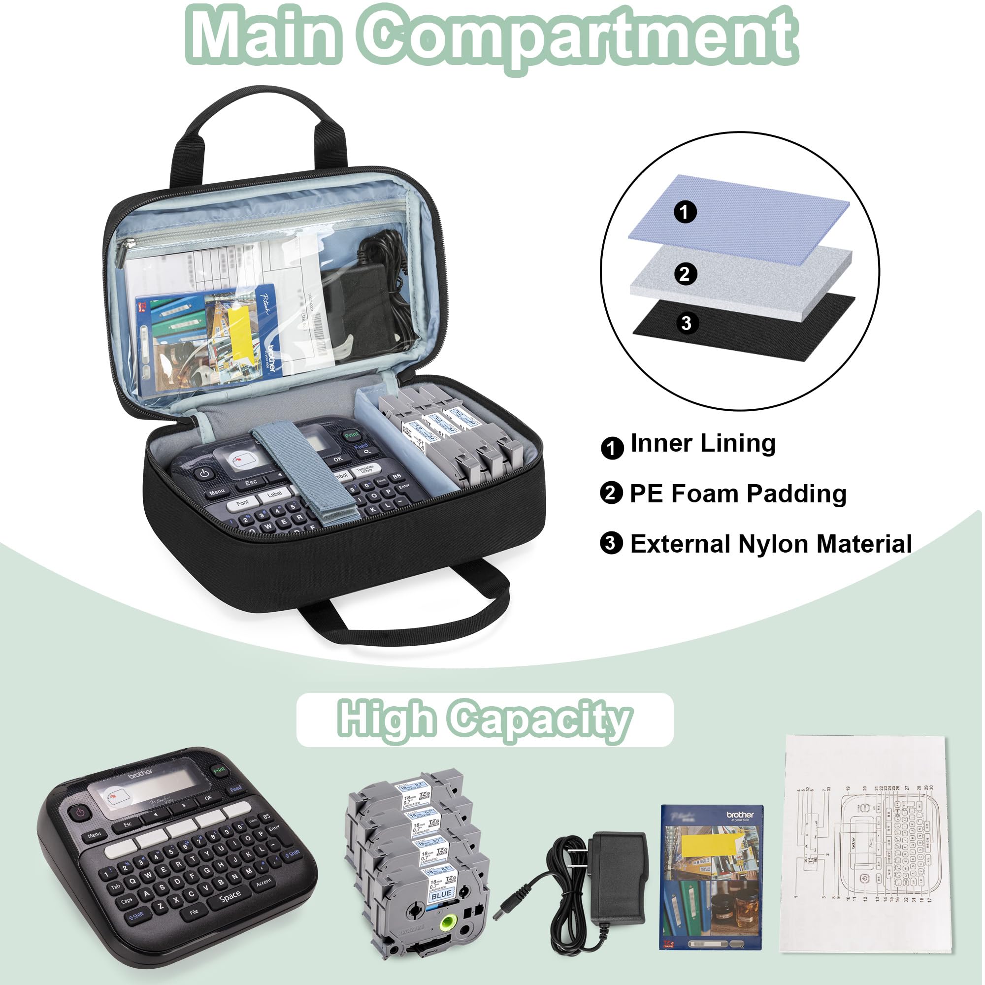 CURMIO Portable Carrying Case for Brother P-Touch PT-D220/PT-D210 Label Maker - Protective Storage Bag Organizer for Label Printer, Tapes, AC Adapter, Battery & USB Cable - Perfect for Office, Home & Travel Organization