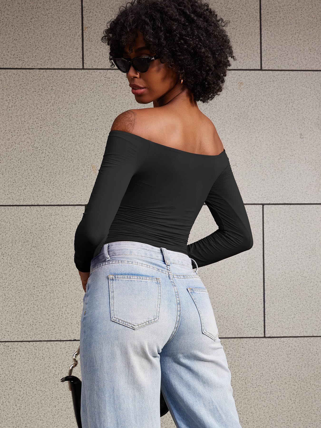 YEOREO Sophie Women's Off Shoulder Long Sleeve Shirt - Double Lined Basic Undershirt for Y2K Fashion | Perfect for Going Out, Parties, and Casual Wear