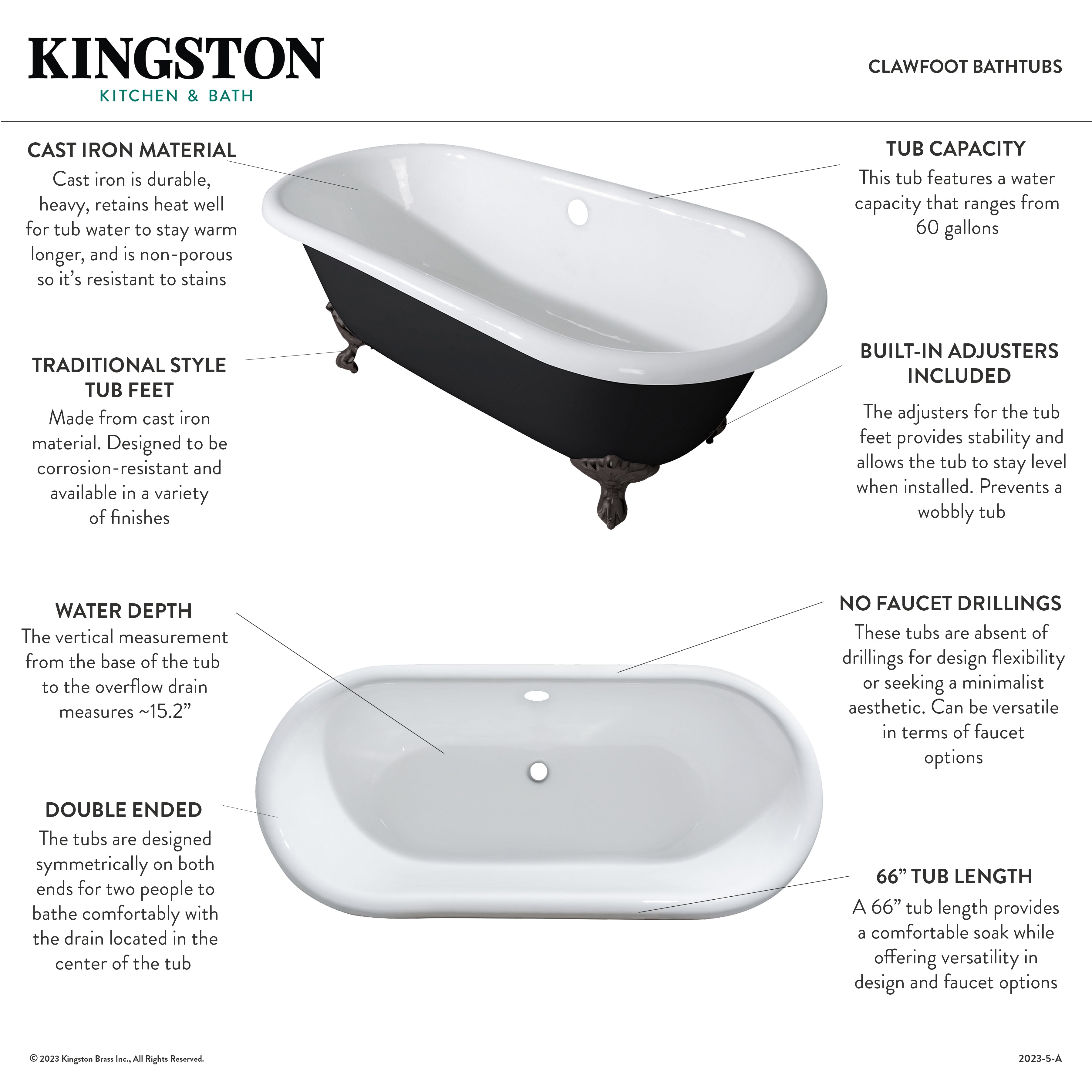 Aqua Eden 66 Inch Clawfoot Bathtub - Cast Iron Oval Double Ended Freestanding Tub (No Faucet Drillings) in Black/White/Oil Rubbed Bronze - Perfect for Vintage Bathroom & Luxury Spa Retreats