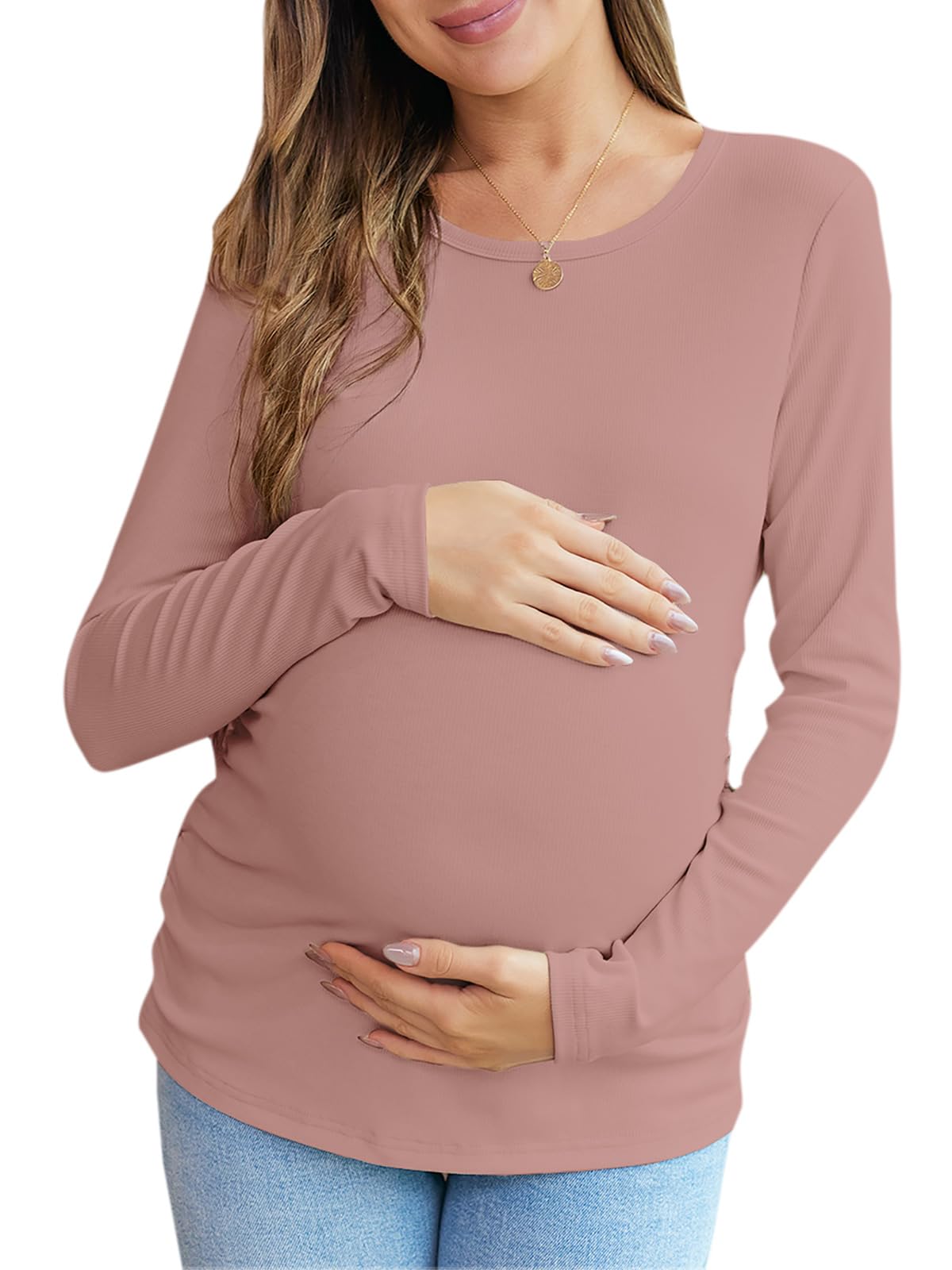 Women's Maternity Long Sleeve Ribbed Knit Blouse - Slim Fitted Crew Neck Pregnancy Top with Side Ruched Design | Perfect for Fall Season & Office Wear
