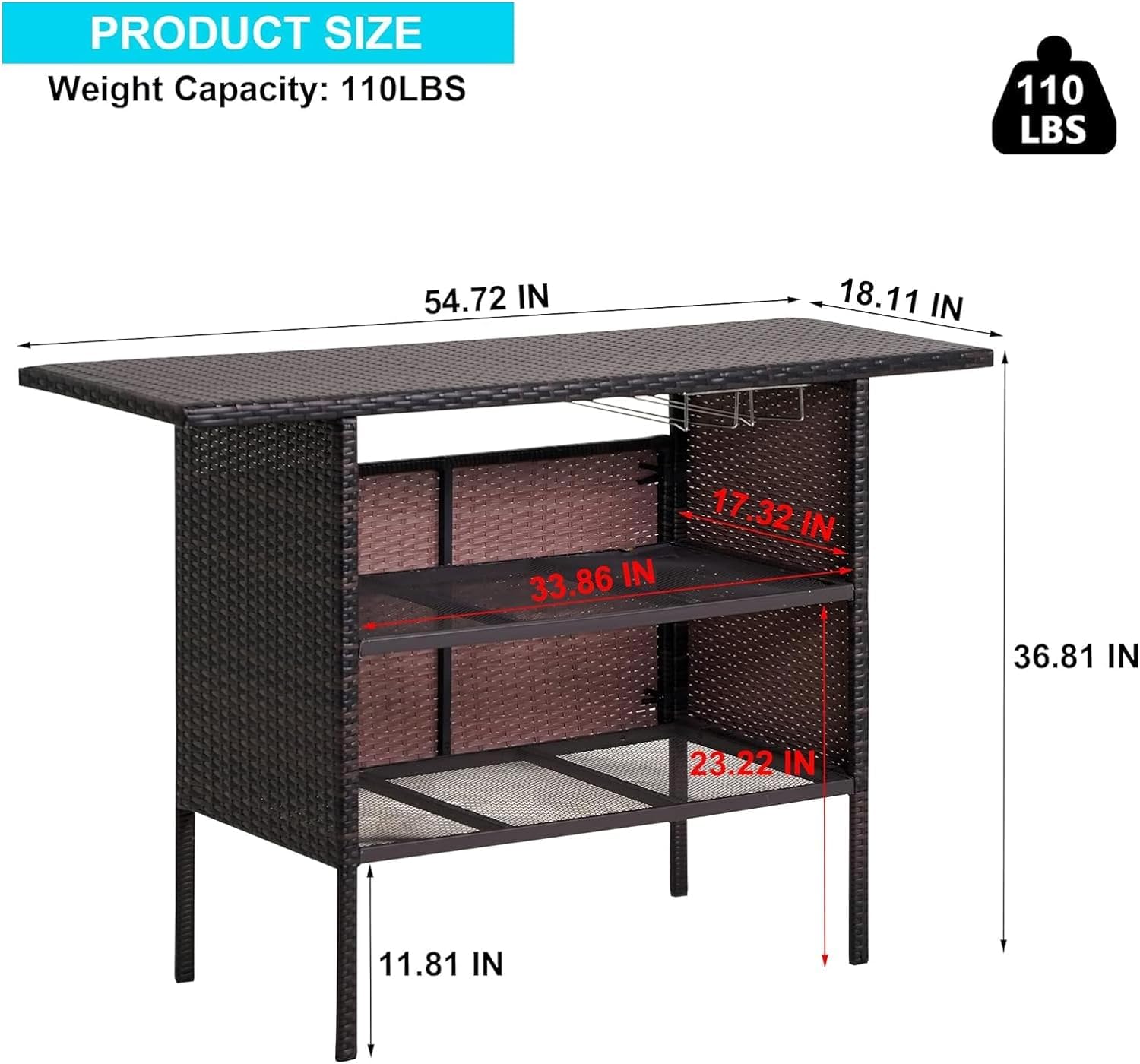 Outdoor Wicker Bar Table with 2 Steel Shelves & Wine Glass Holders - Patio Rattan Counter Table for Backyard, Garden & Poolside - Perfect for Entertaining Guests & Outdoor Dining