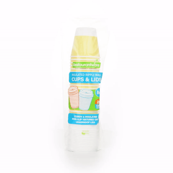 8 oz Light Yellow Ripple Wall Paper Coffee Cups with White Lids - 3.5