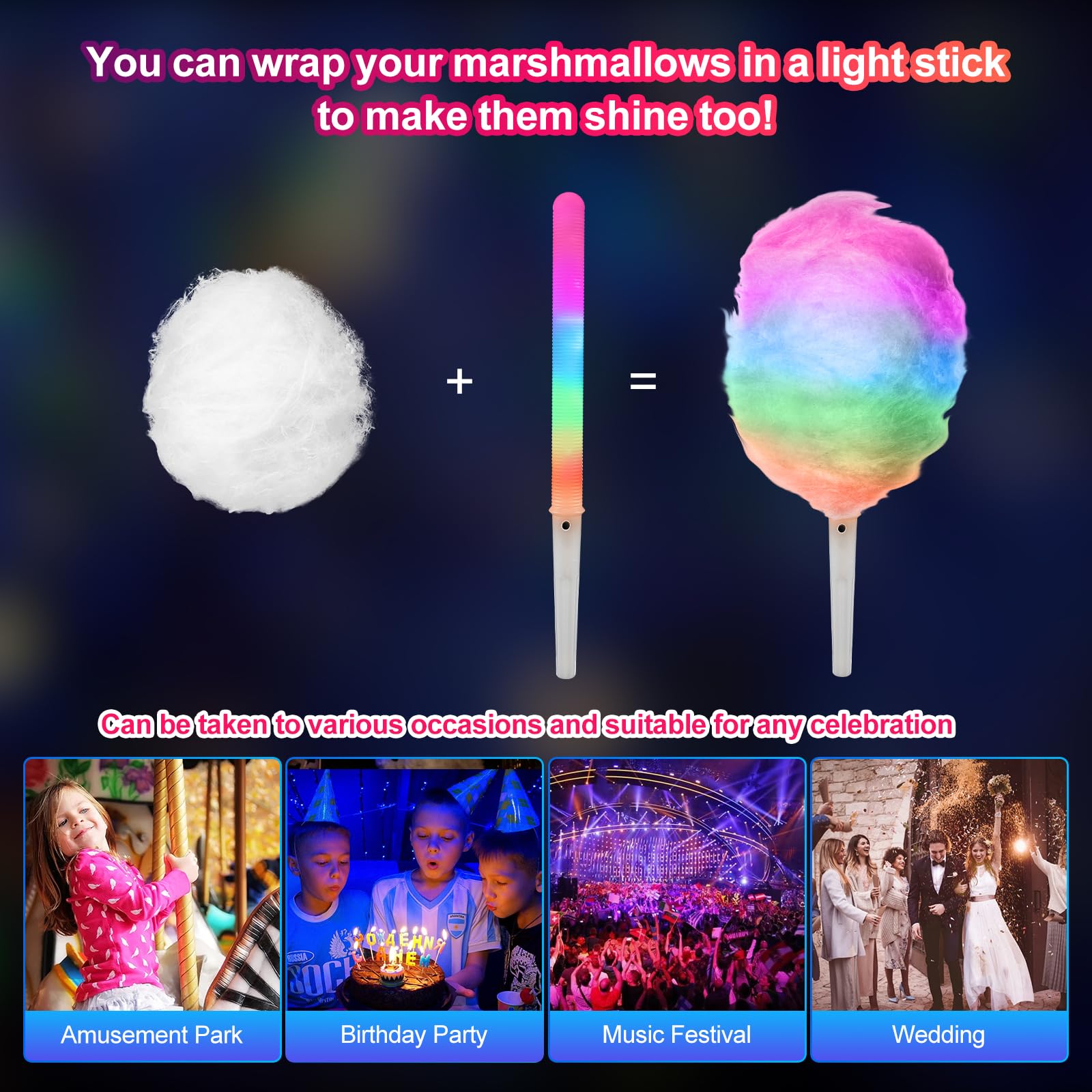 20 Pack LED Multi-Mode Cotton Candy Cones with Flashing Glow Sticks - Reusable Party Supplies for Christmas, Birthday, Amusement Park & Carnival Events (Perfect for Night Parties, Festivals & Candy Buffets)