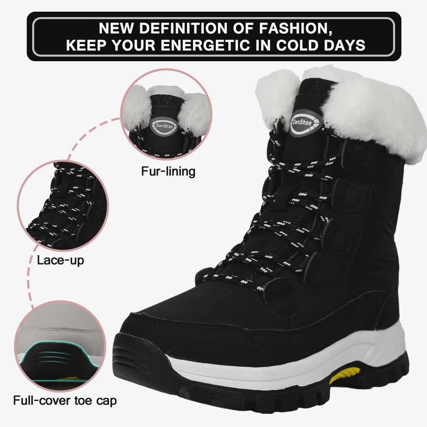 Tanleewa Women's Waterproof Faux Fur Winter Snow Boots - Mid Calf Warm Snow Boots with Anti-Slip Sole for Outdoor Activities, Hiking & Cold Weather Fashion