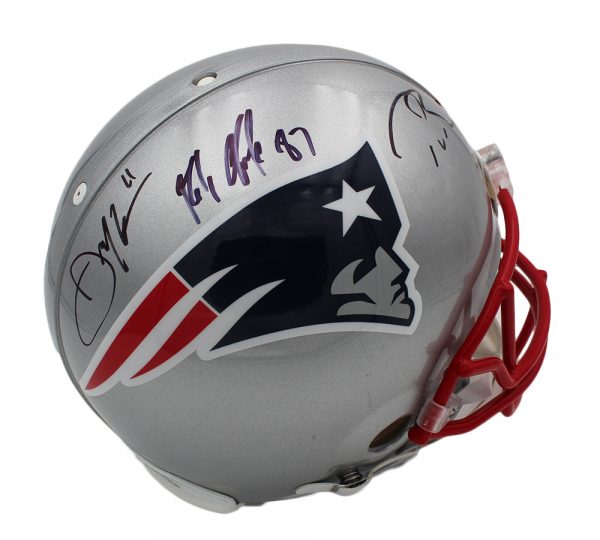 Authentic New England Patriots NFL Helmet Signed by Tom Brady, Julian Edelman & Rob Gronkowski - Perfect for Collectors, Fans, and Sports Memorabilia Displays